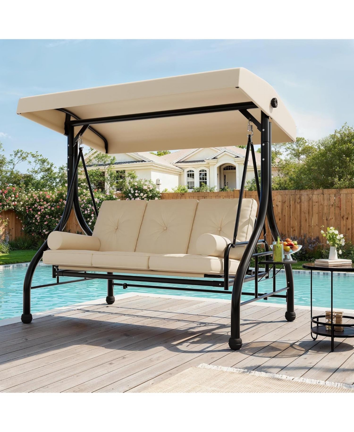 gaomon Outdoor Porch Swing with Adjustable Canopy, 3-Seat Patio Chair Stand, 800LBS Heavy Duty