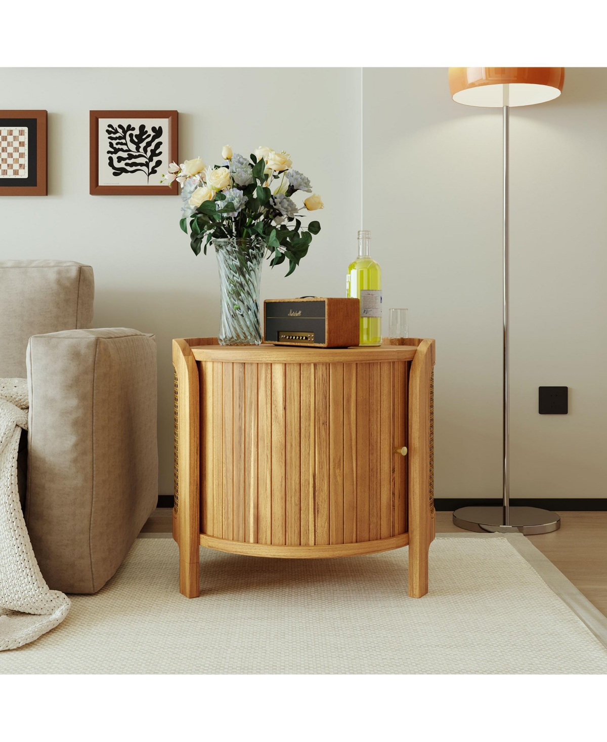 Flynama Round Rotating Coffee Table Rattan Hidden Storage Mdf Modern Living Room Table