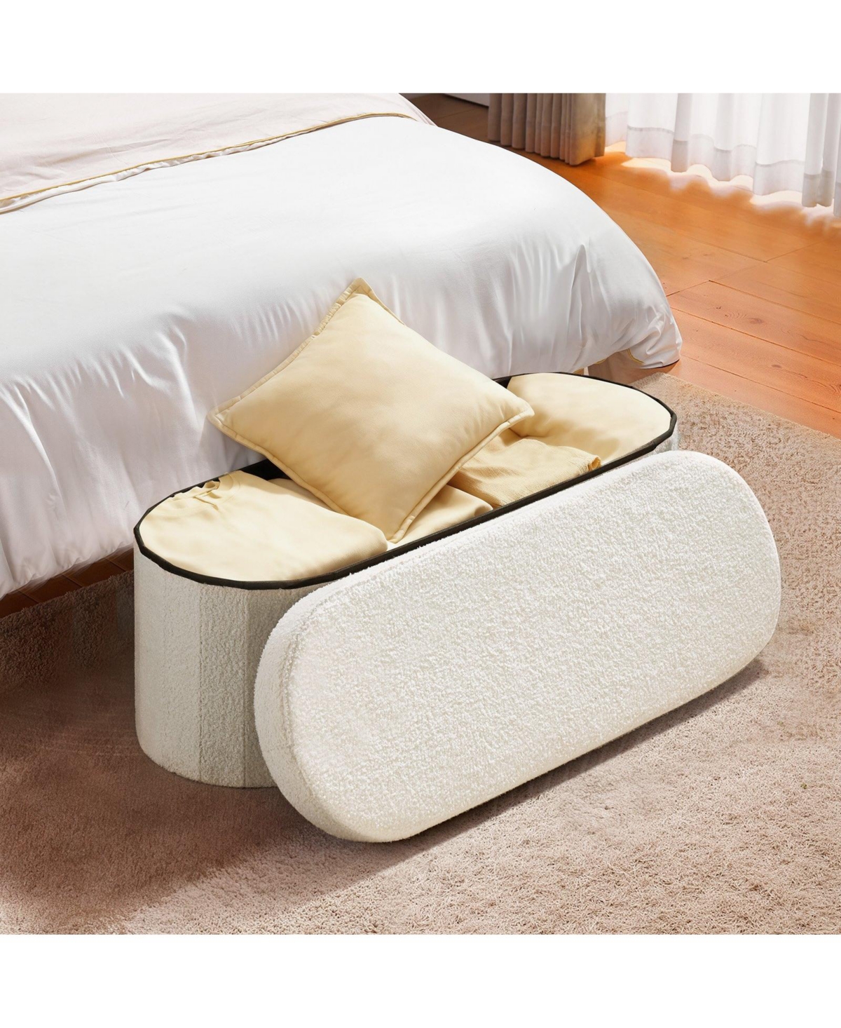 Slickblue Foldable Oval Storage Ottoman Bench with Large Hidden Storage, Upholstered Teddy Fleece