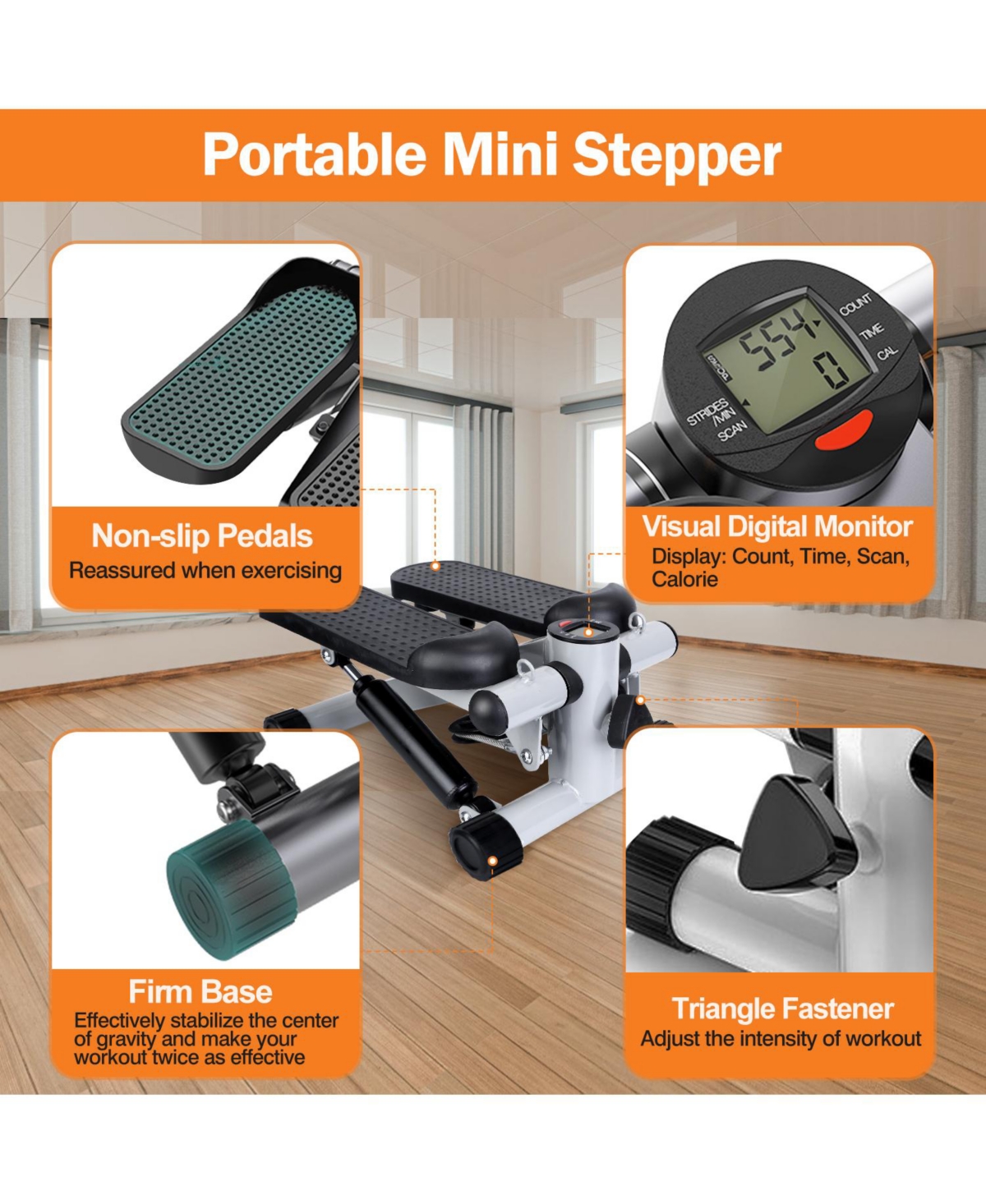 Sevorley Mini Stepper Exercise Machine with Resistance Bands, Lcd Monitor, Adjustable Intensity, Non-Slip Pedals, Steel Frame