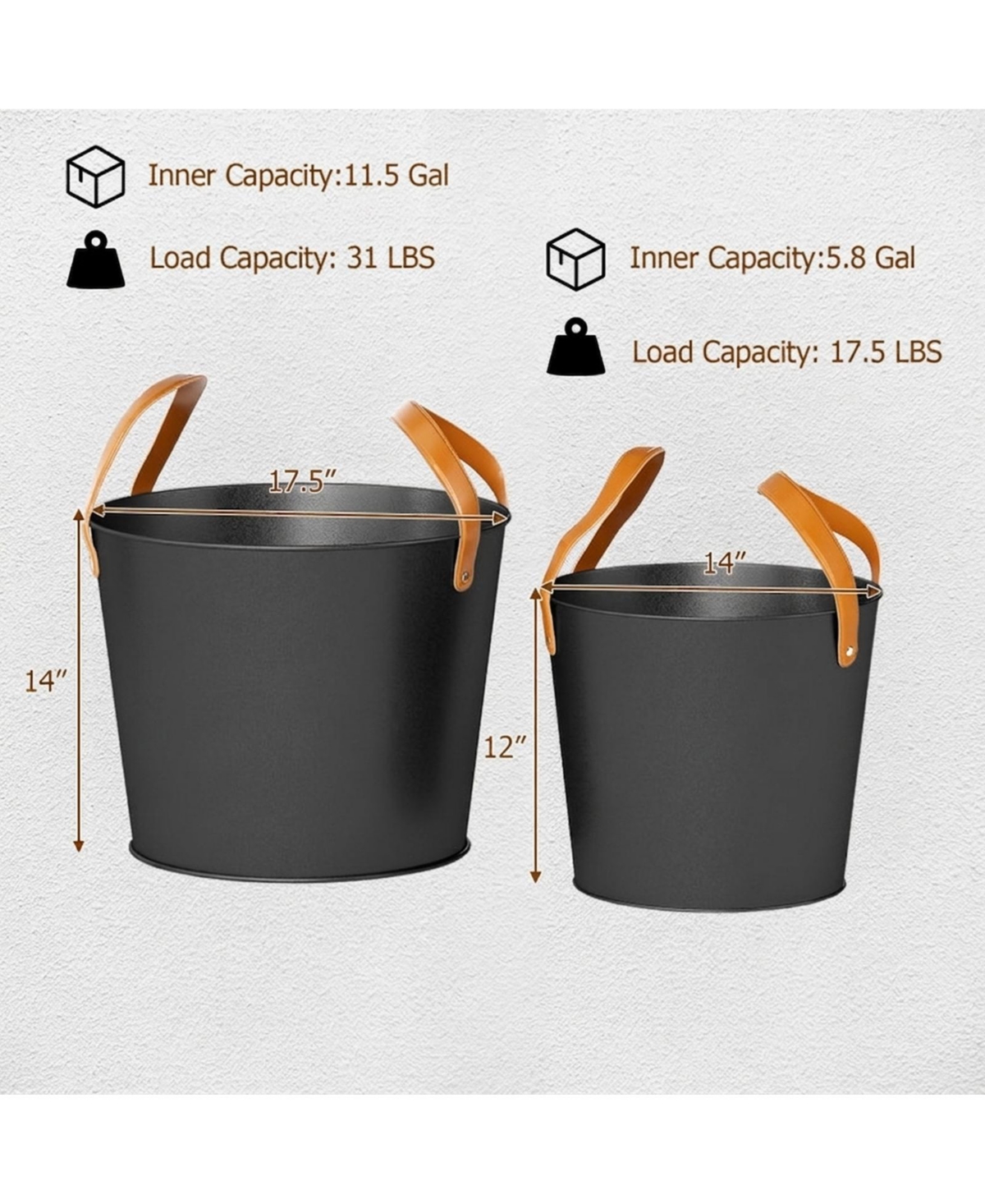 Sugift 2-Piece Metal Ash Bucket Set with 11.5 Gal and 8.5 Gal Buckets for Fireplace and Fire Pit