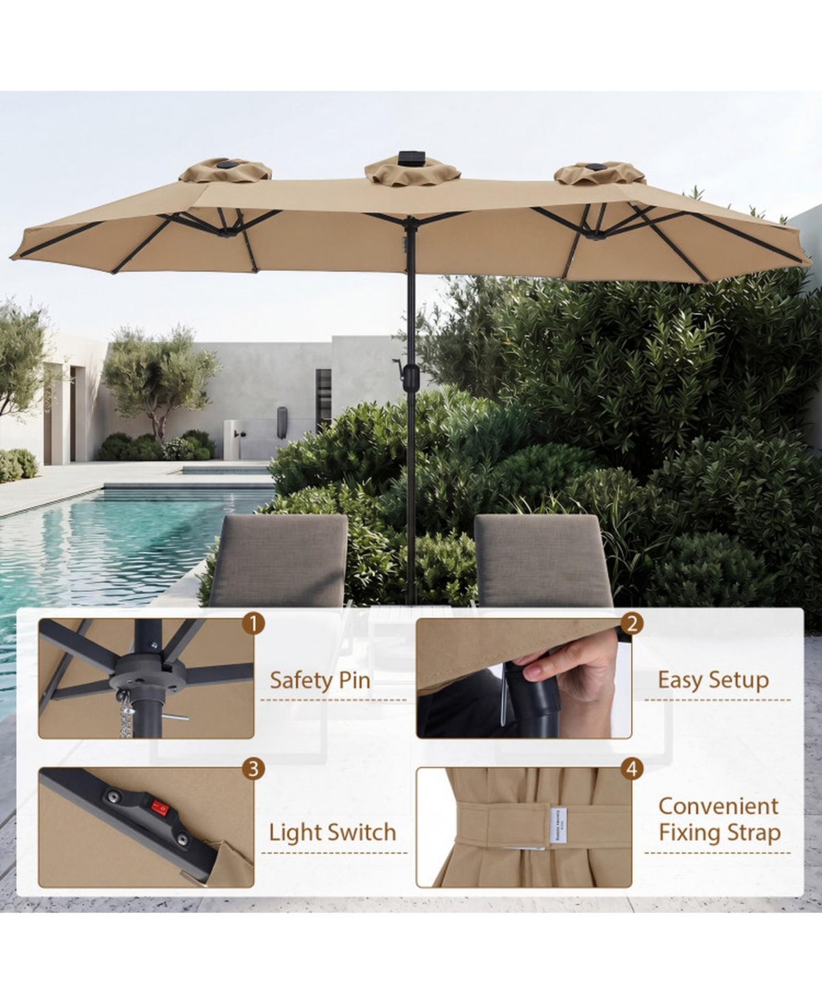 Sugift 13 Feet Double-Sided Rectangle Patio Umbrella with 36 Led Lights