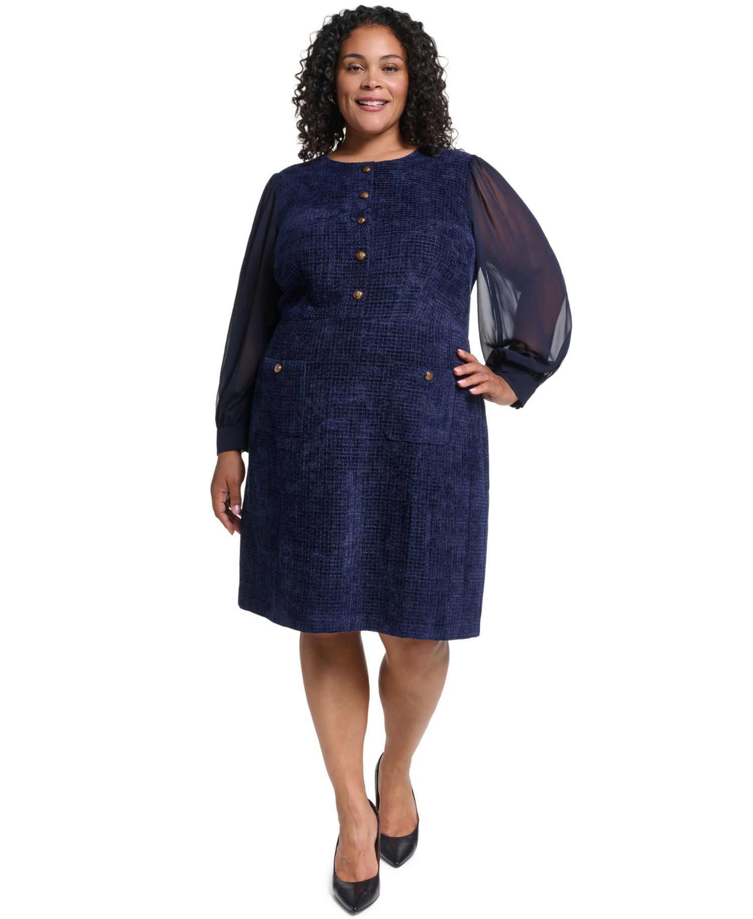 Petite Crewneck Sheer Long-Sleeve Knee-Length Dress