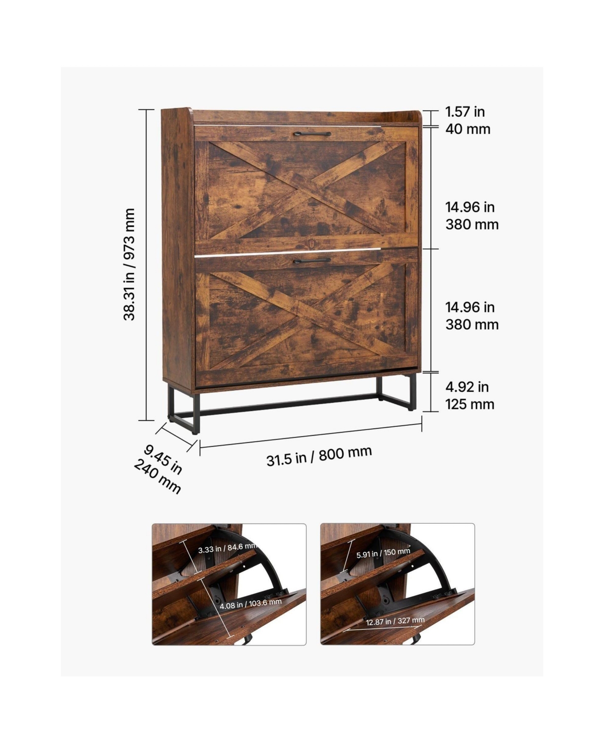 Slickblue Farmhouse Shoe Cabinet with 2 Flip Drawers, Freestanding Shoe Storage Organizer for Entryway