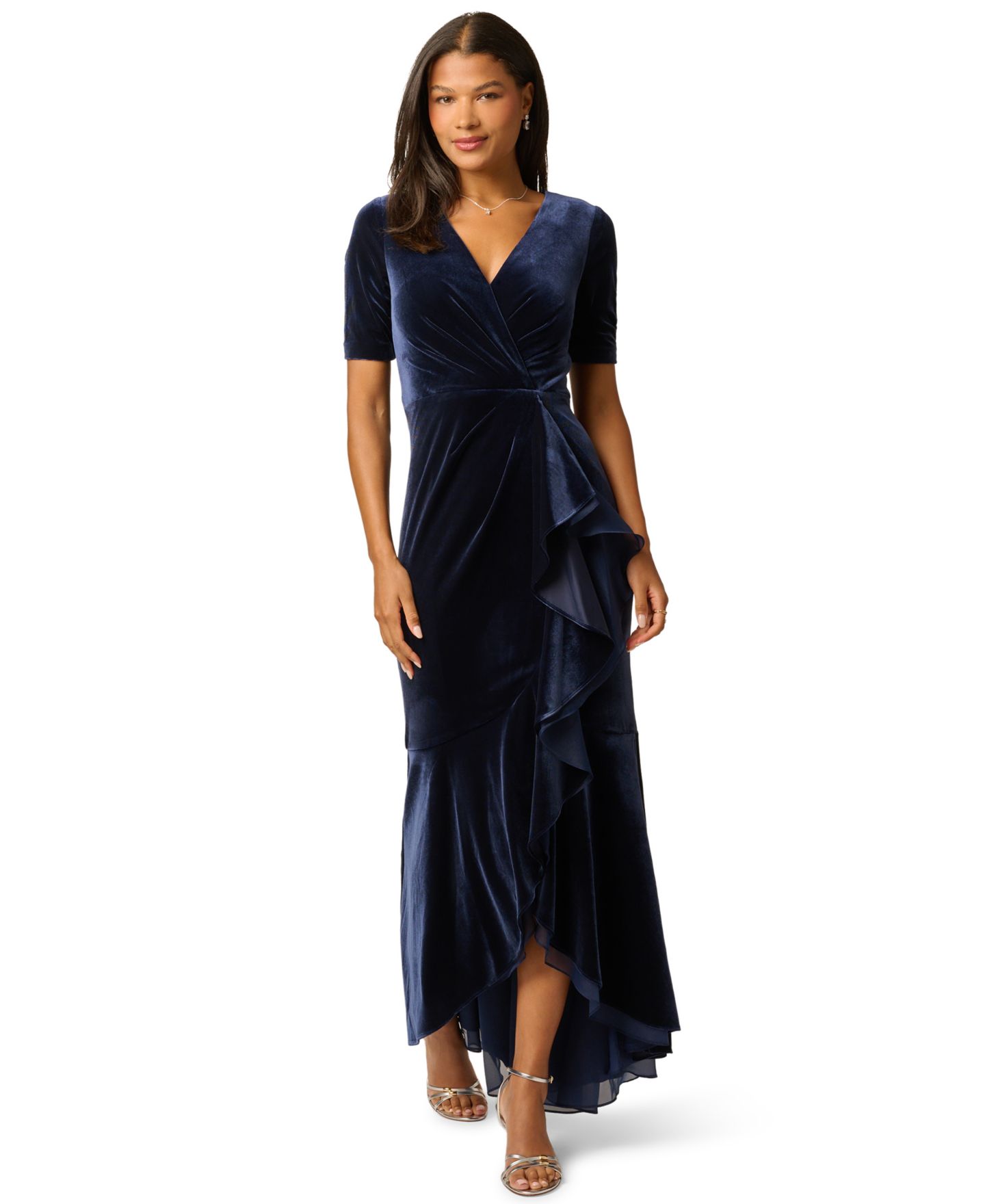 Женское платье Adrianna Papell V-Neck Velvet Cascade Gown, цвет: Тёмно-синий — фото 1