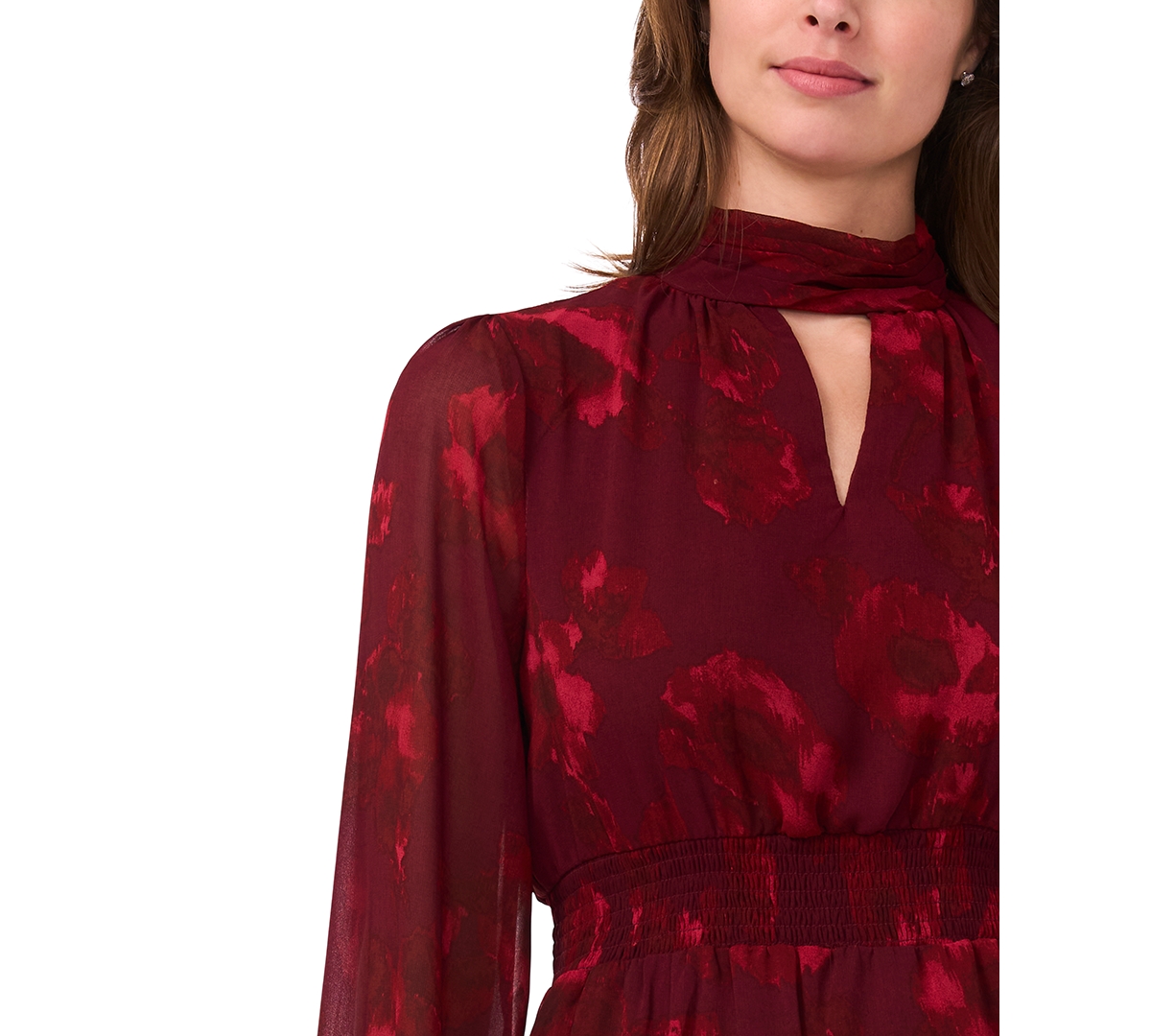 Msk Petite Long-Sleeve Floral-Print Keyhole Dress