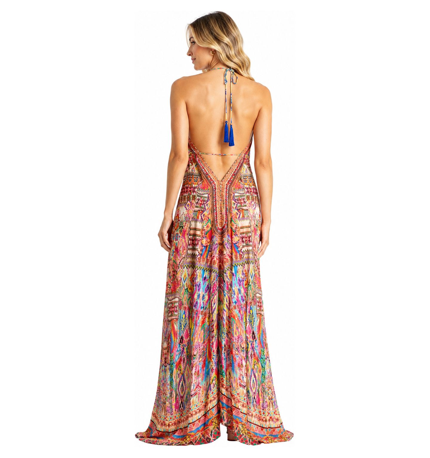 Женское платье La Moda Clothing Halter-Plunge High-Low Maxi, цвет: Коралловый разноцветный — фото 3