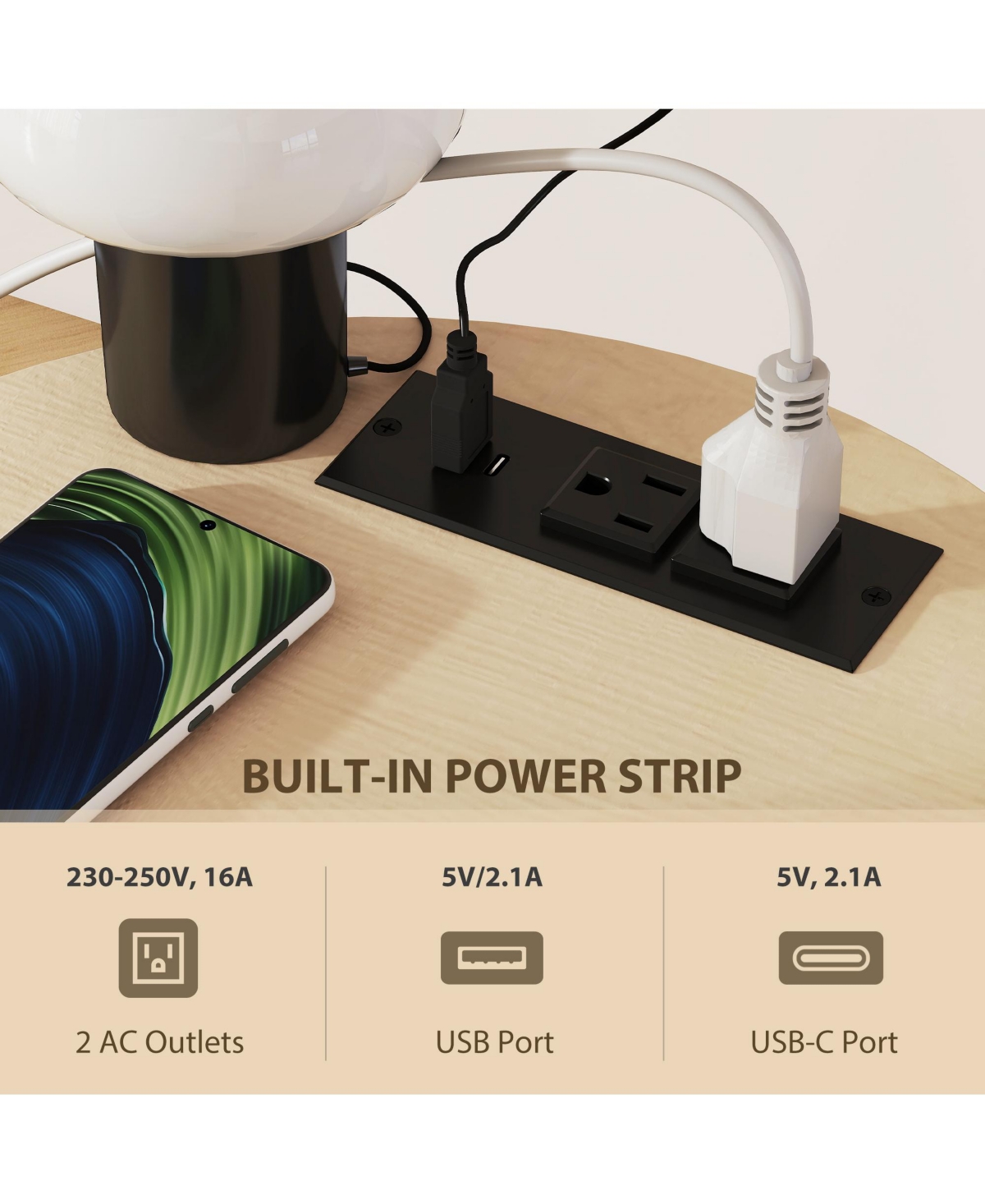 Flynama Round Side Table with Charging Station 3 Tier Storage Fabric Bag