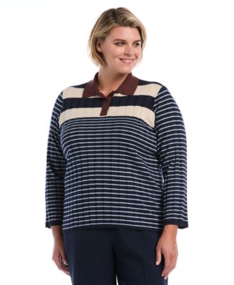 Plus Size Striped Polo 3/4 Sleeve Sweater