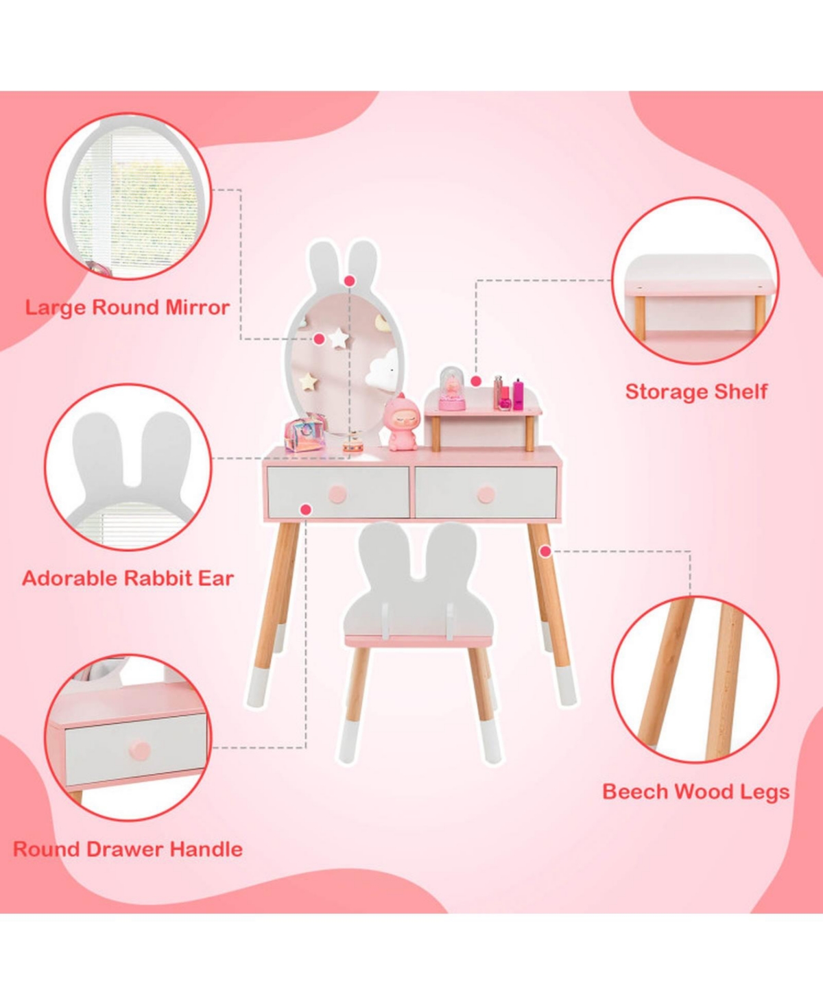 Gouun Kids Vanity Table and Chair Set with Drawer Shelf and Detachable Rabbit Mirror
