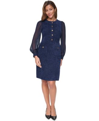 Women's Crewneck Sheer Long-Sleeve Knee-Length Dress