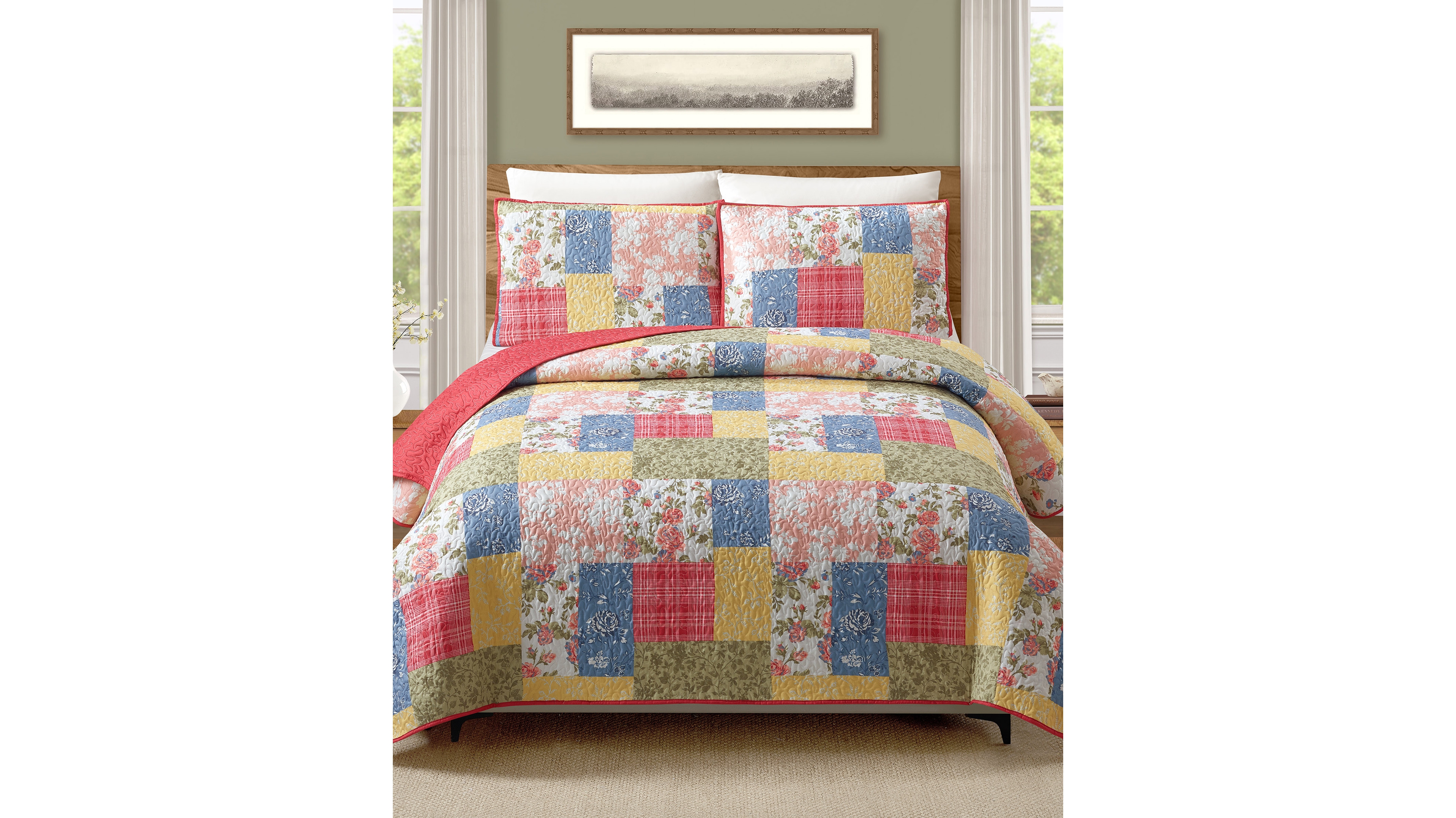 Modern Heirloom Farmhouse Florals Reversible 3-Piece Quilt Set, Full/Queen