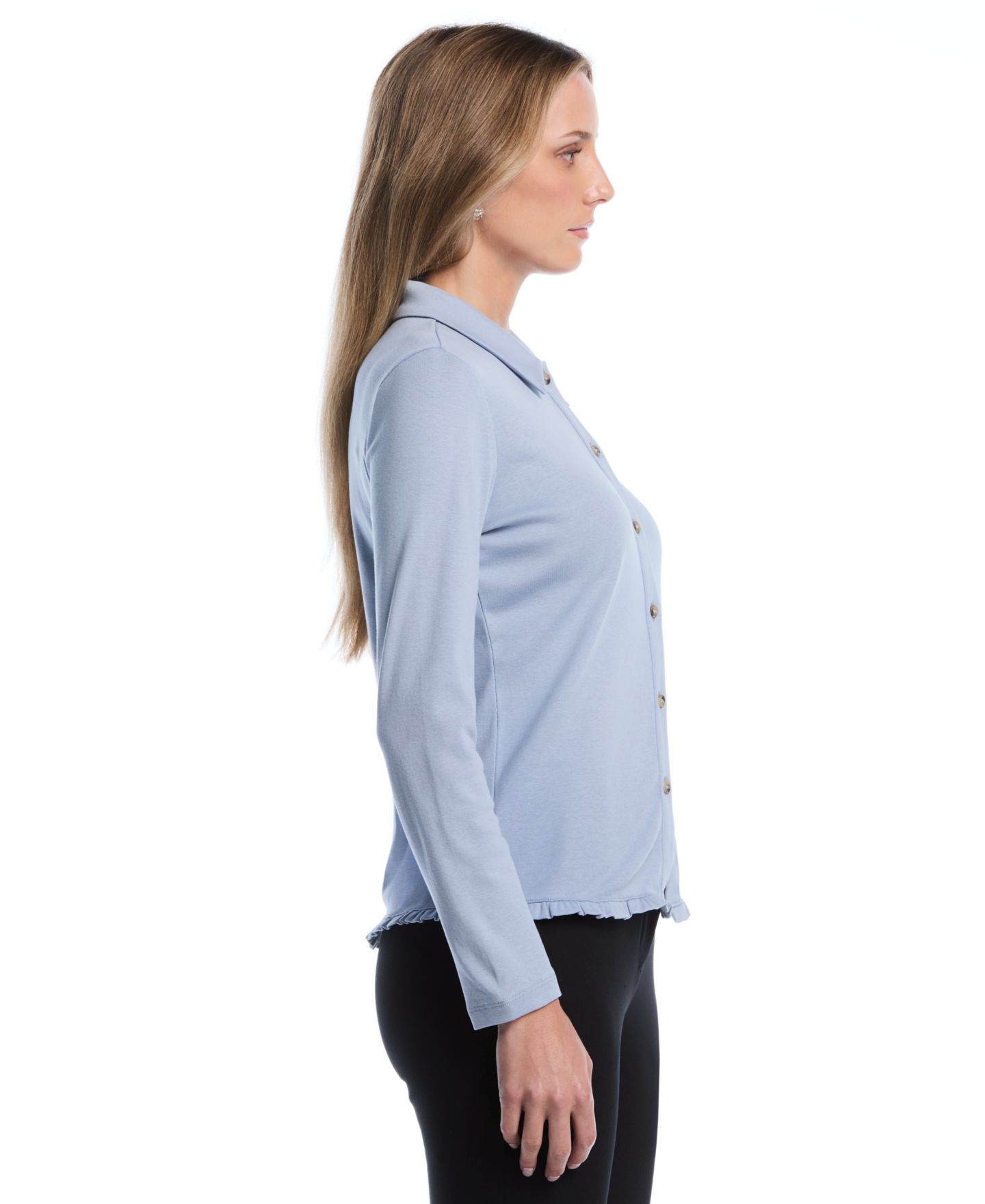 Женская рубашка Rafaella Petite Long-Sleeve Ruffle-Trim Cotton, цвет: Синий — фото 3