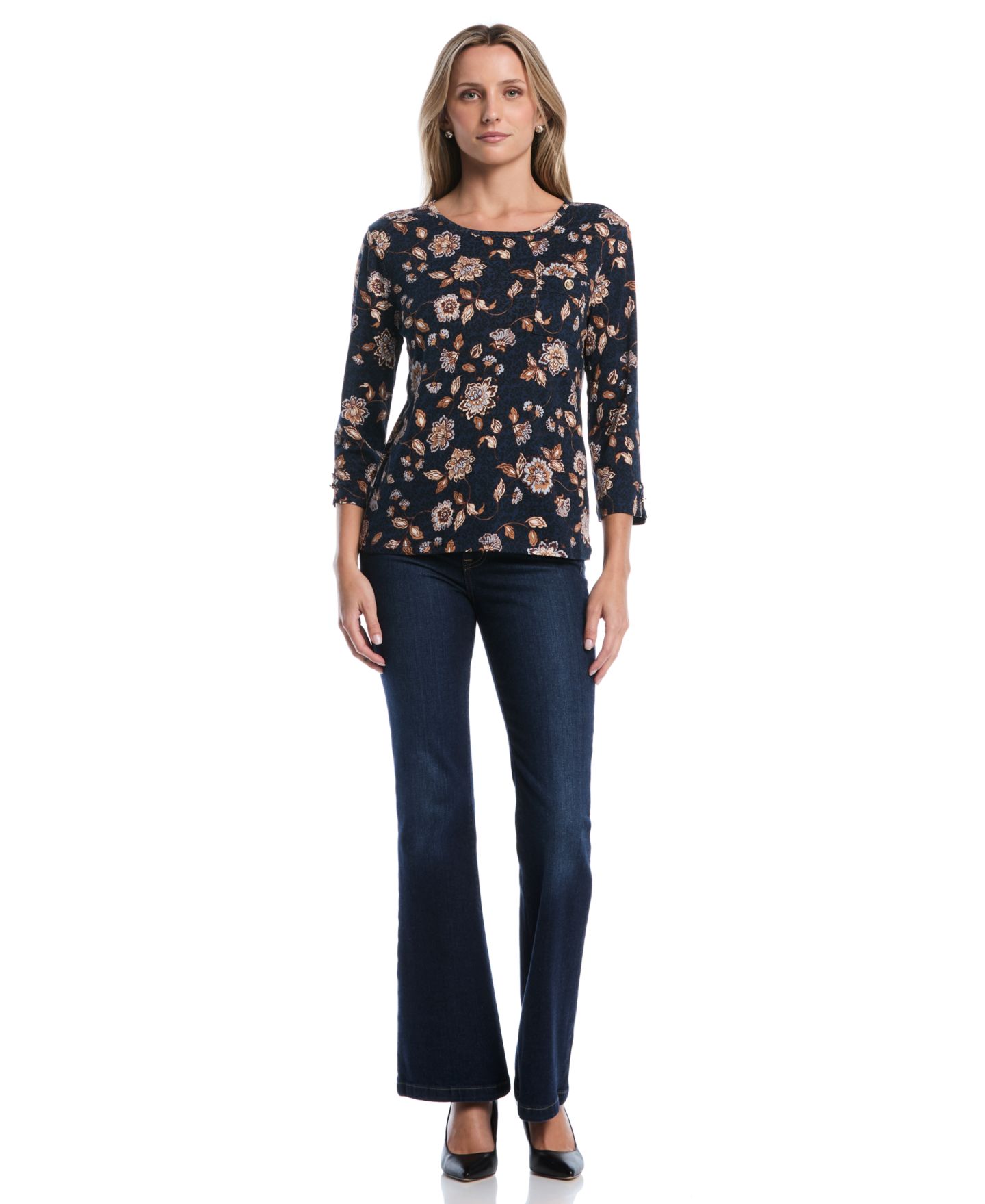Женская футболка Rafaella Petite Floral 3/4-Sleeve Rib-Knit, цвет: Синий — фото 2