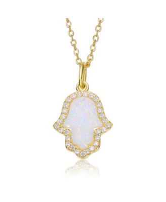 14K Gold Plated Sparkling Hamsa Opal and CZ Halo Necklace