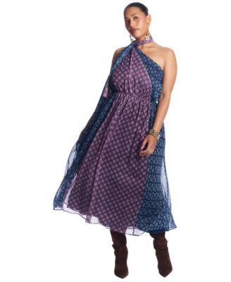 Plus Size One-Shoulder Chiffon Maxi Dress With Neck Tie