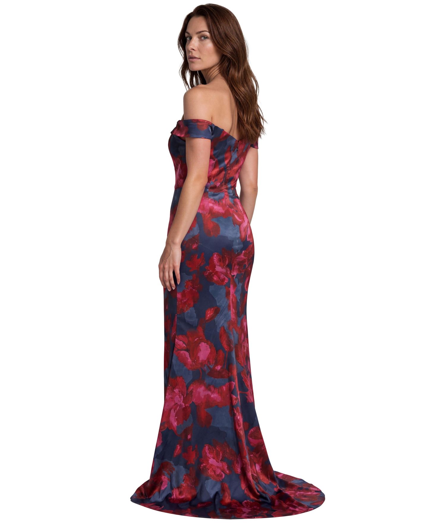 Женское платье Rene Ruiz Occasion Off-the-Shoulder Floral-Print Scuba Gown, цвет: Тёмно-синий красный — фото 3
