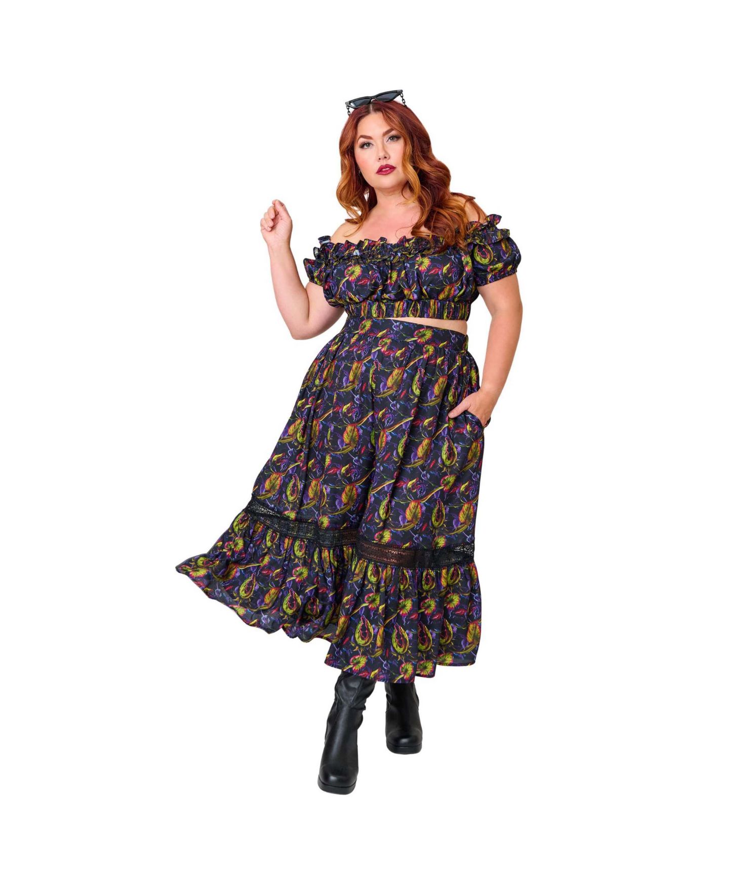 Женский топ Unique Vintage Plus Size 1970s Ruffle Up Crop, цвет: Чёрный с принтом, вариант 1 — фото 5