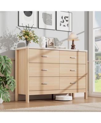 6 Drawer Dresser, 47.24" Wide Farmhouse Chest with Cylindrical Legs, Metal Handles and Anti-Tip, Freestanding Storage Organizer for Living Room