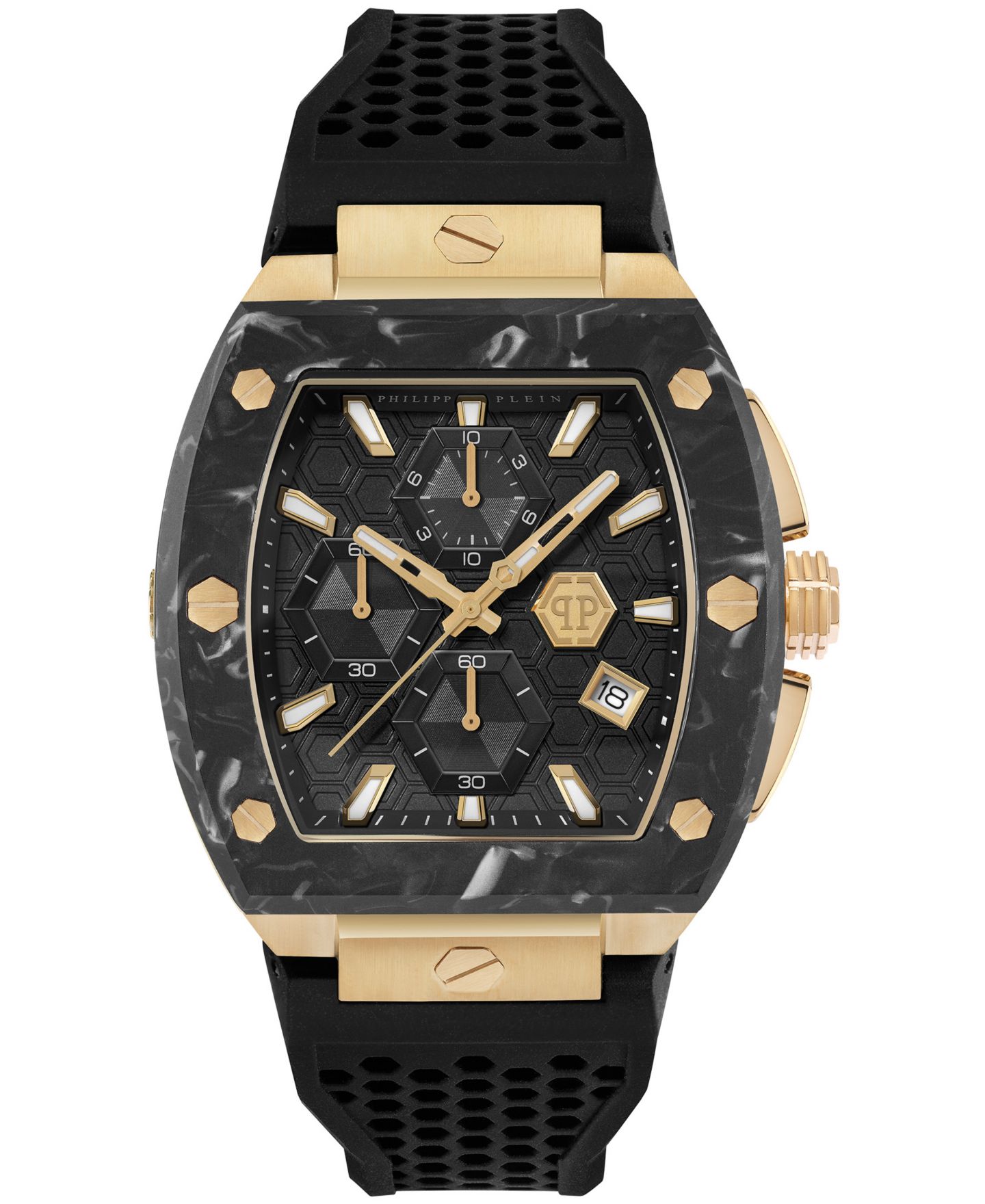 Мужские часы Philipp Plein Hexagon Phantom Black Silicone Strap Watch 44mm — фото 1