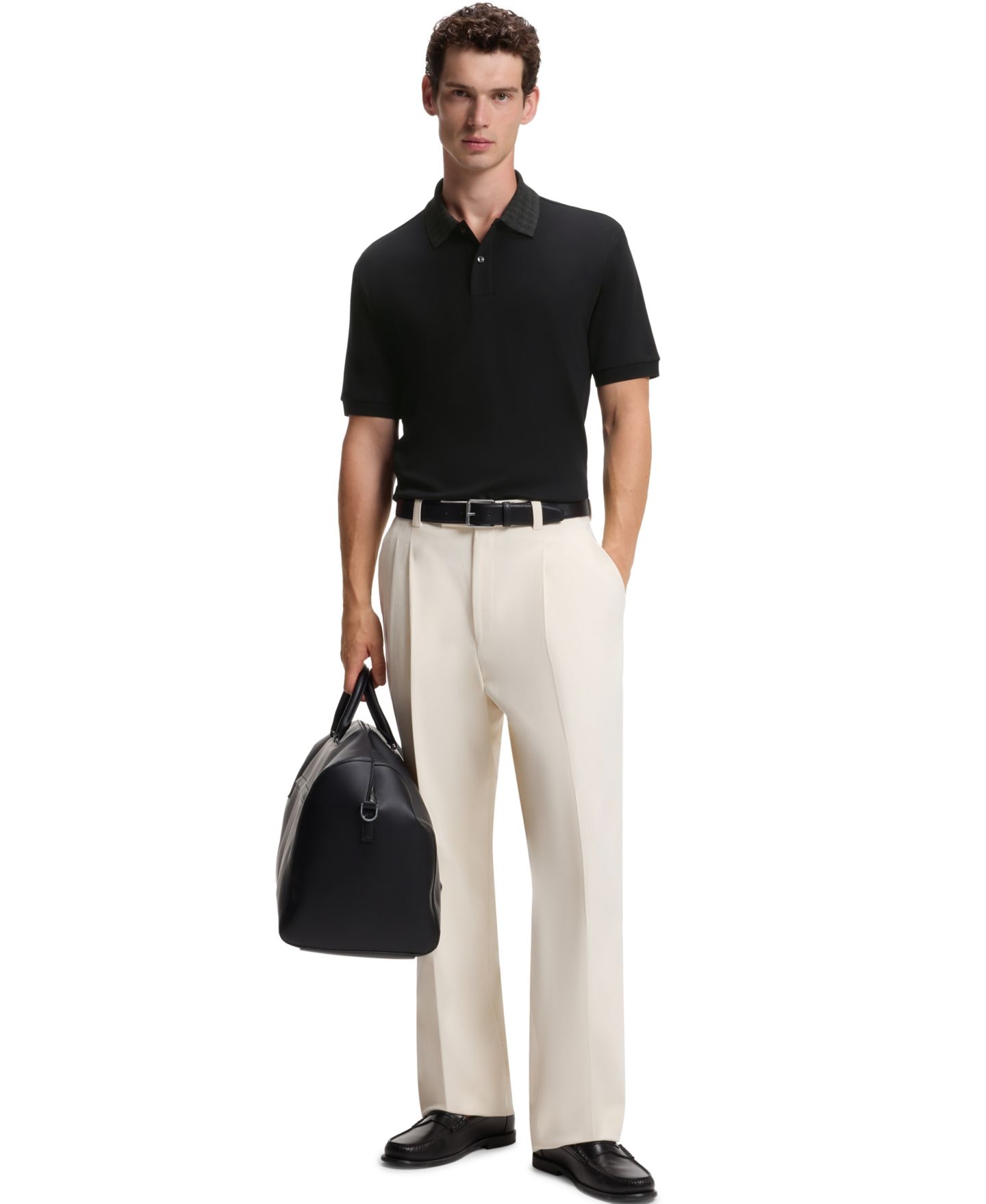 Мужское поло Hugo Boss Cotton Regular-Fit Patterned Collar Polo Shirt, цвет: Чёрный — фото 4