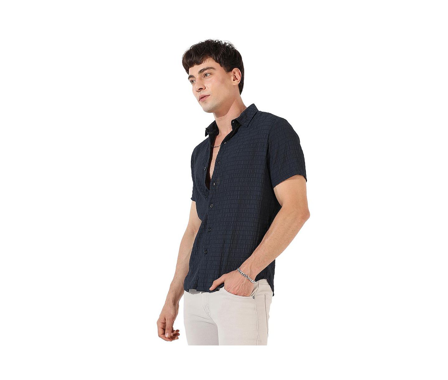 Мужская рубашка Cahoot Campus Sutra Black Textured Regular Fit Casual, цвет: Синий — фото 3