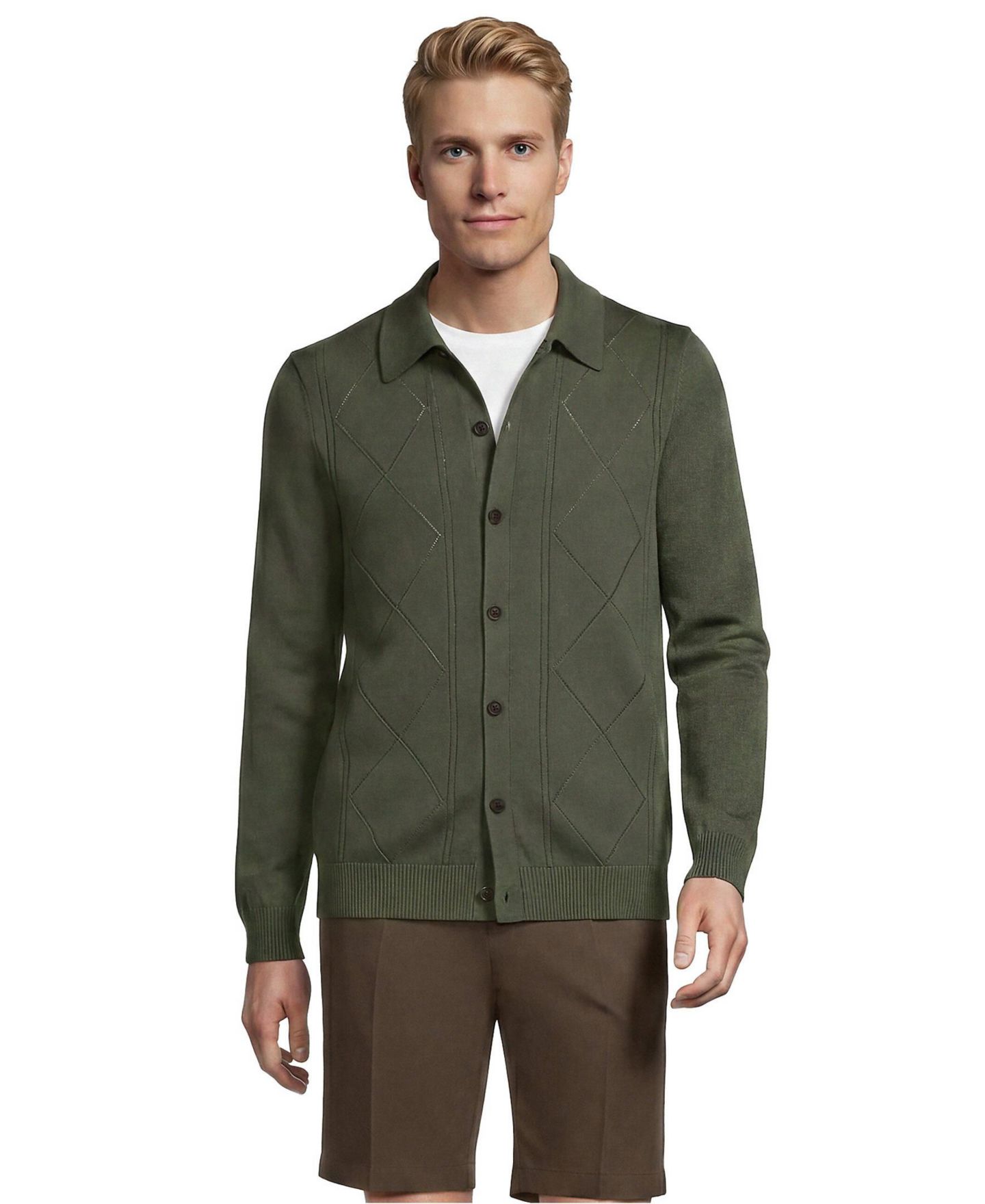 Мужской кардиган Lands' End Long Sleeve Fine Gauge Cotton Pointelle Argyle, цвет: Тёмно-зелёный мох — фото 4