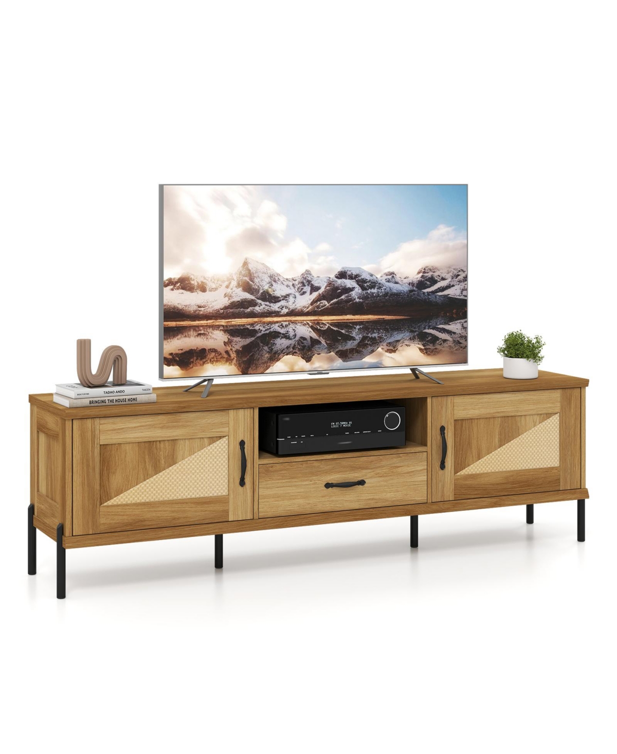 Costway Rattan Tv Stand for TVs with 2 Storage Cabinets, Open Shelf and Drawer