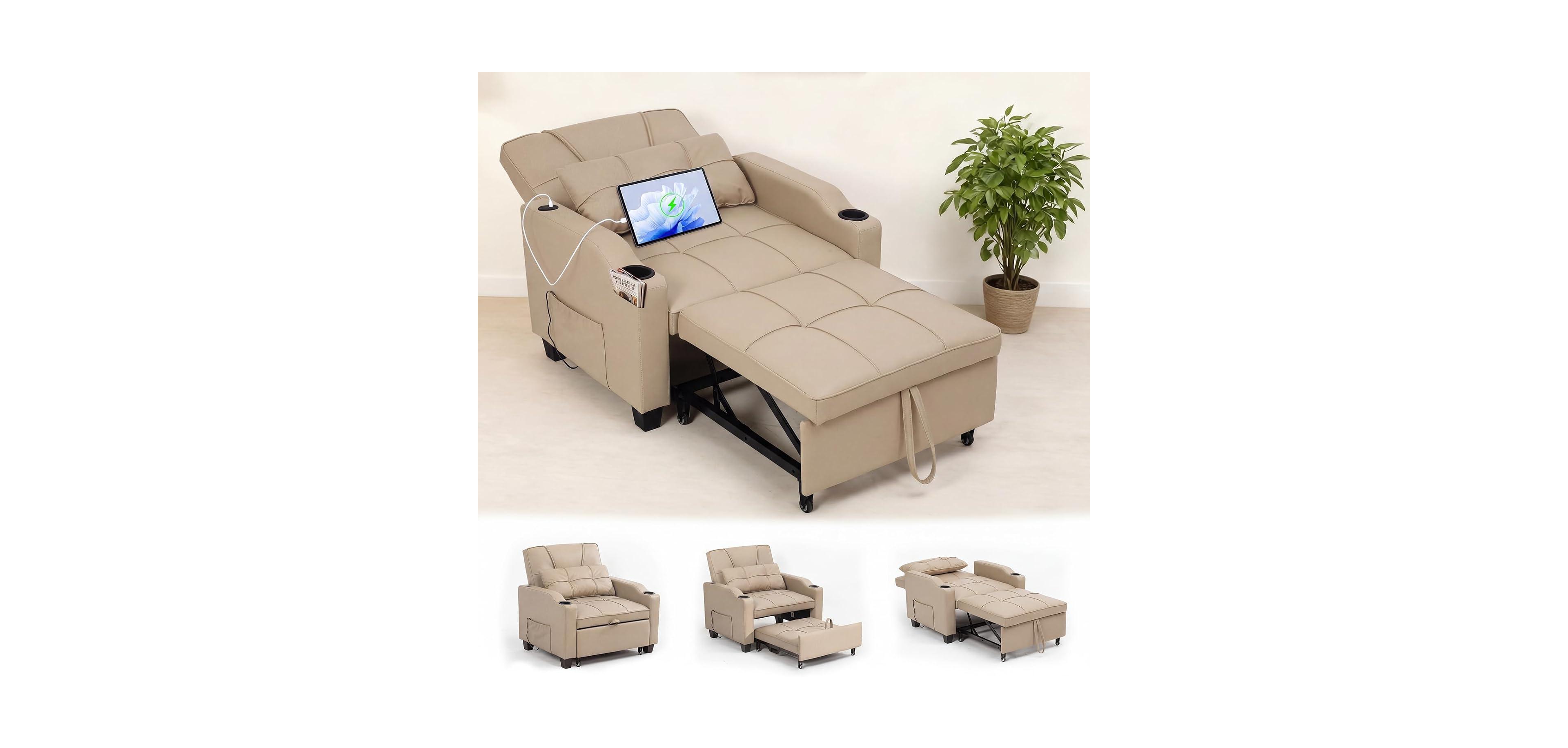 homfan 4-in-1 Sleeper Chair – Convertible Sofa Bed With Massage, Usb and Type-c Ports, Cup Holders and Side Pocket