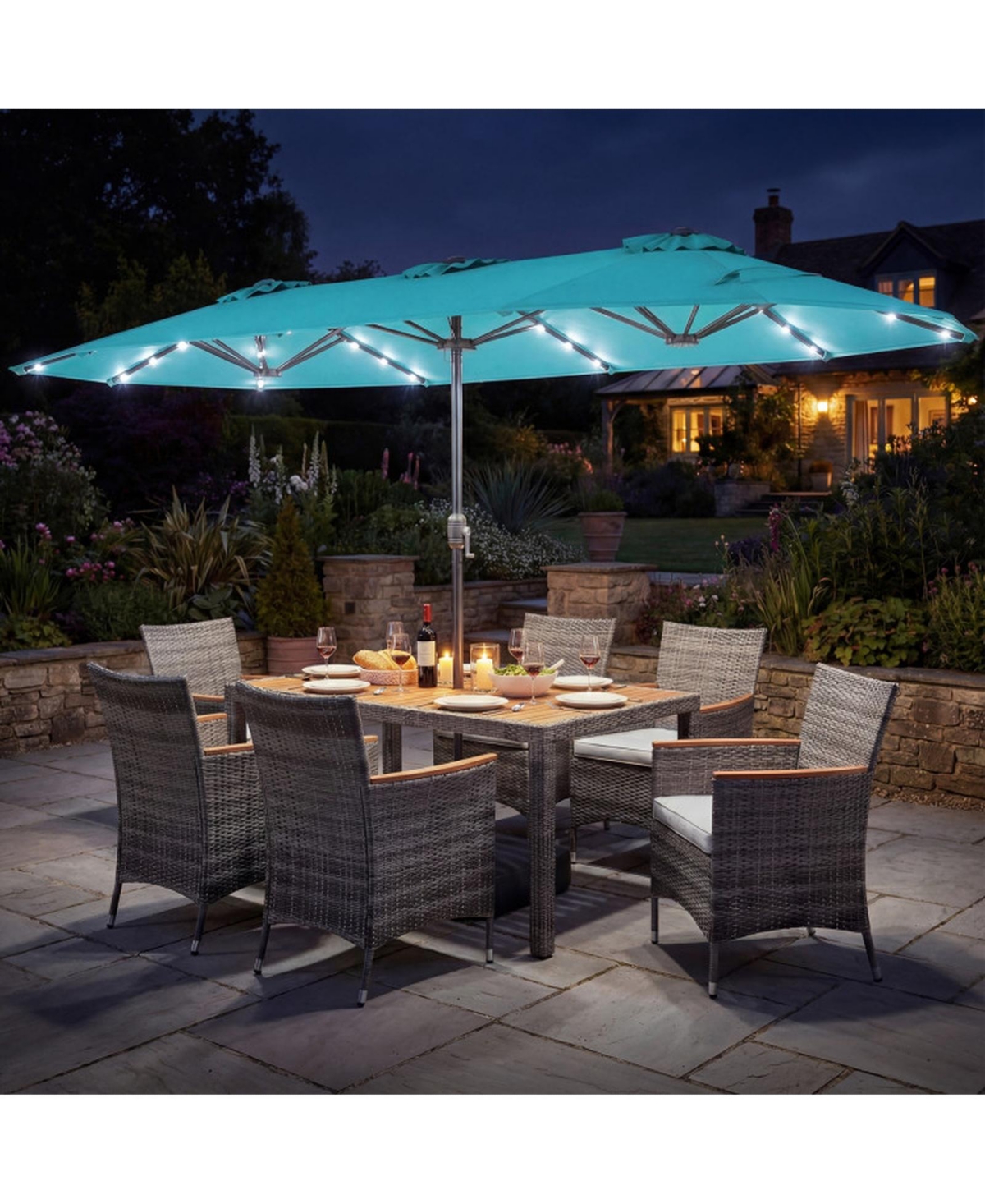 Gouun 8-Piece Outdoor Wicker Dining Set with 13.5 Ft Double-Sided Patio Umbrella