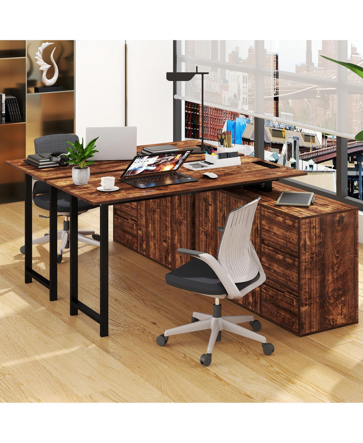Costway 54.5" L-Shaped Computer Desk with File Cabinet, 3 Drawers and Charging Station