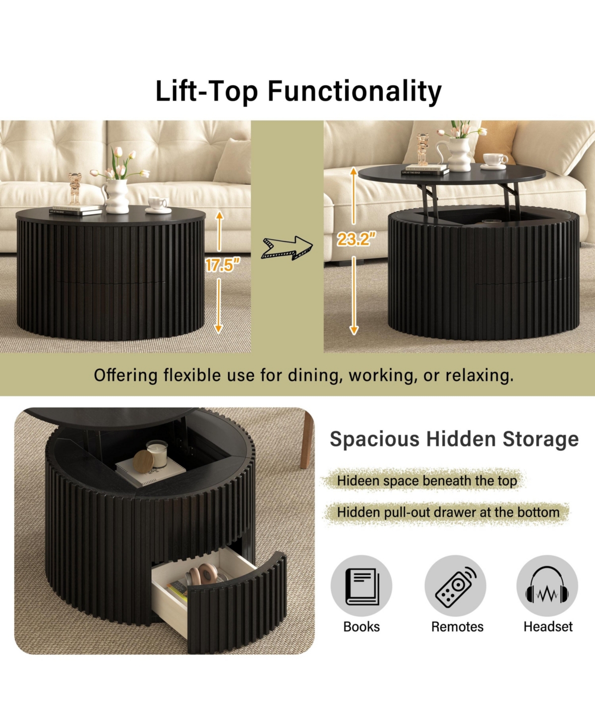 Flynama Round Lift Top Coffee Table, Fluted Wood Accent Table with Hidden Storage and Drawer, Solid Wood and Mdf