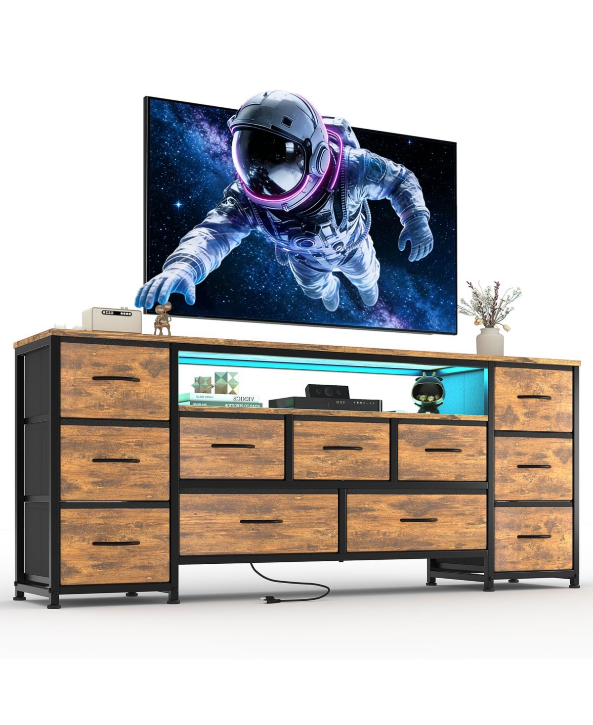 gaomon 63-Inch 11-Drawer Dresser with Integrated Power Outlets and Led Lighting, Tv Stand for 70-Inch Screens, Wide Chest for Bedroom and Living