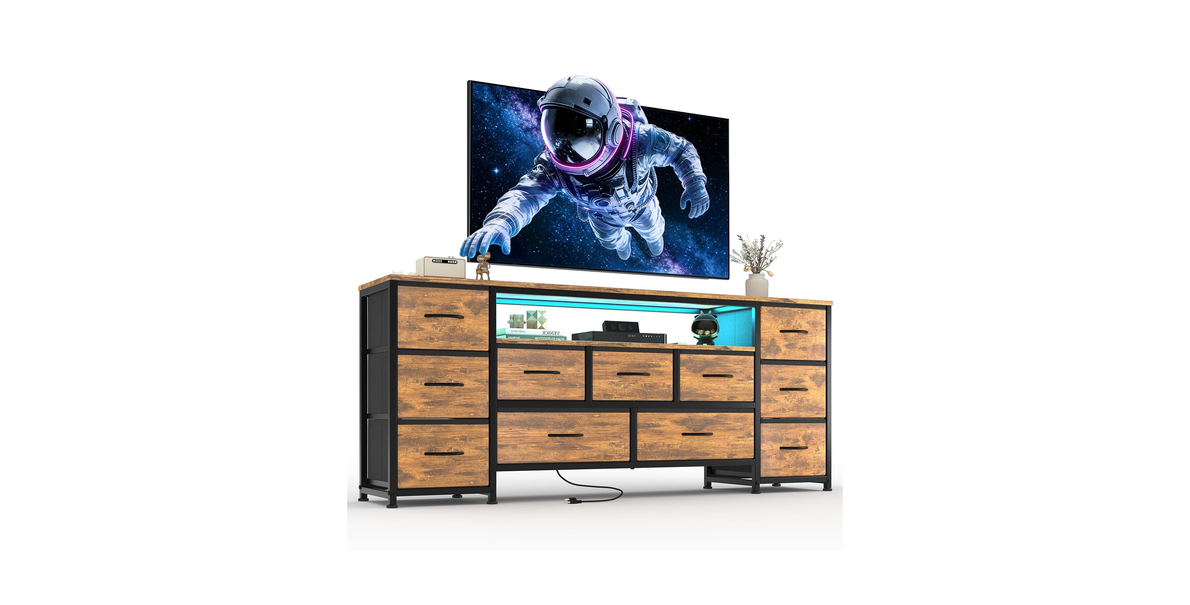 gaomon 63-Inch 11-Drawer Dresser with Integrated Power Outlets and Led Lighting, Tv Stand for 70-Inch Screens, Wide Chest for Bedroom and Living