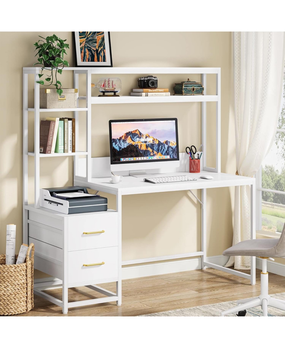 Tribesigns 55" Computer Desk with 2 Drawers and Hutch, White