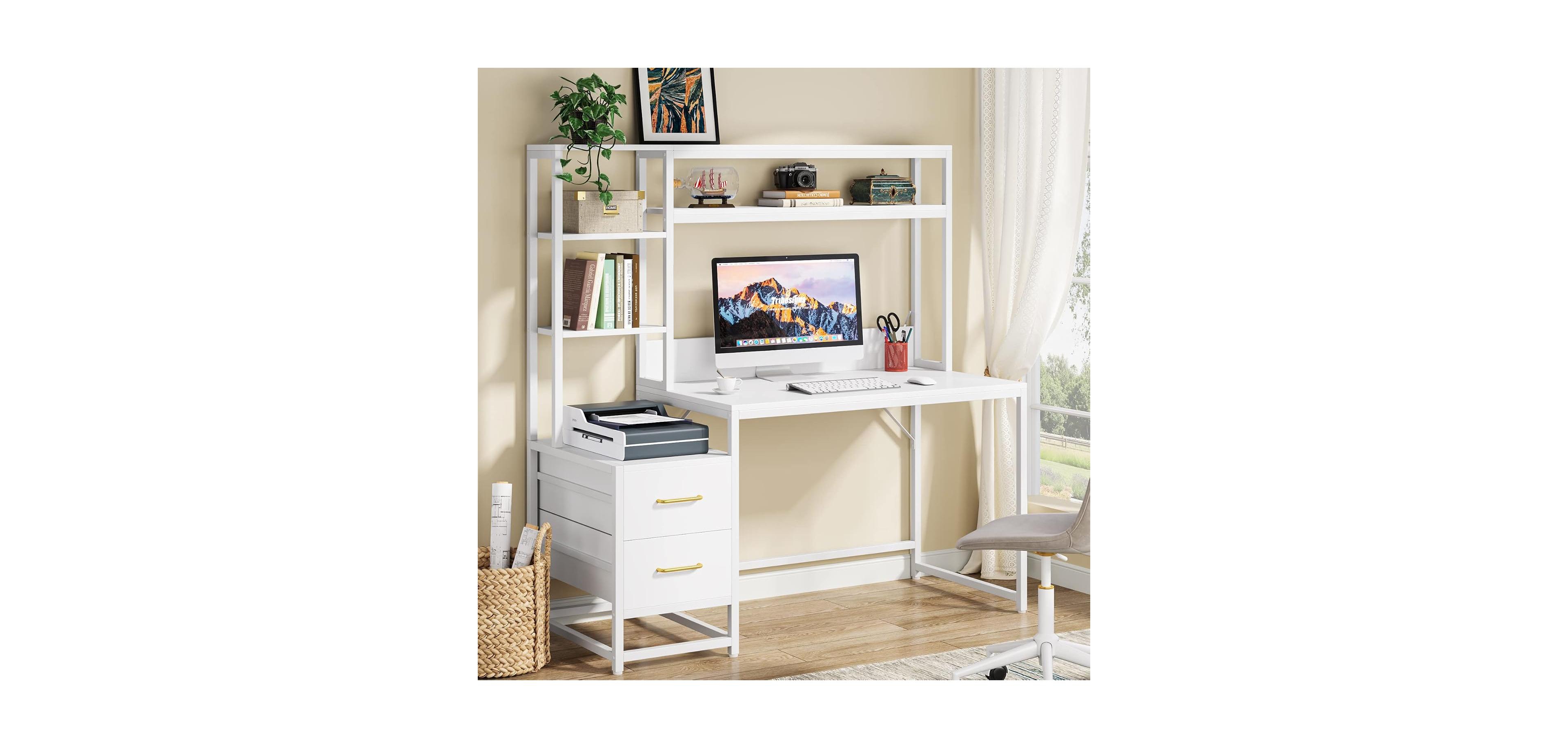 Tribesigns 55" Computer Desk with 2 Drawers and Hutch, White