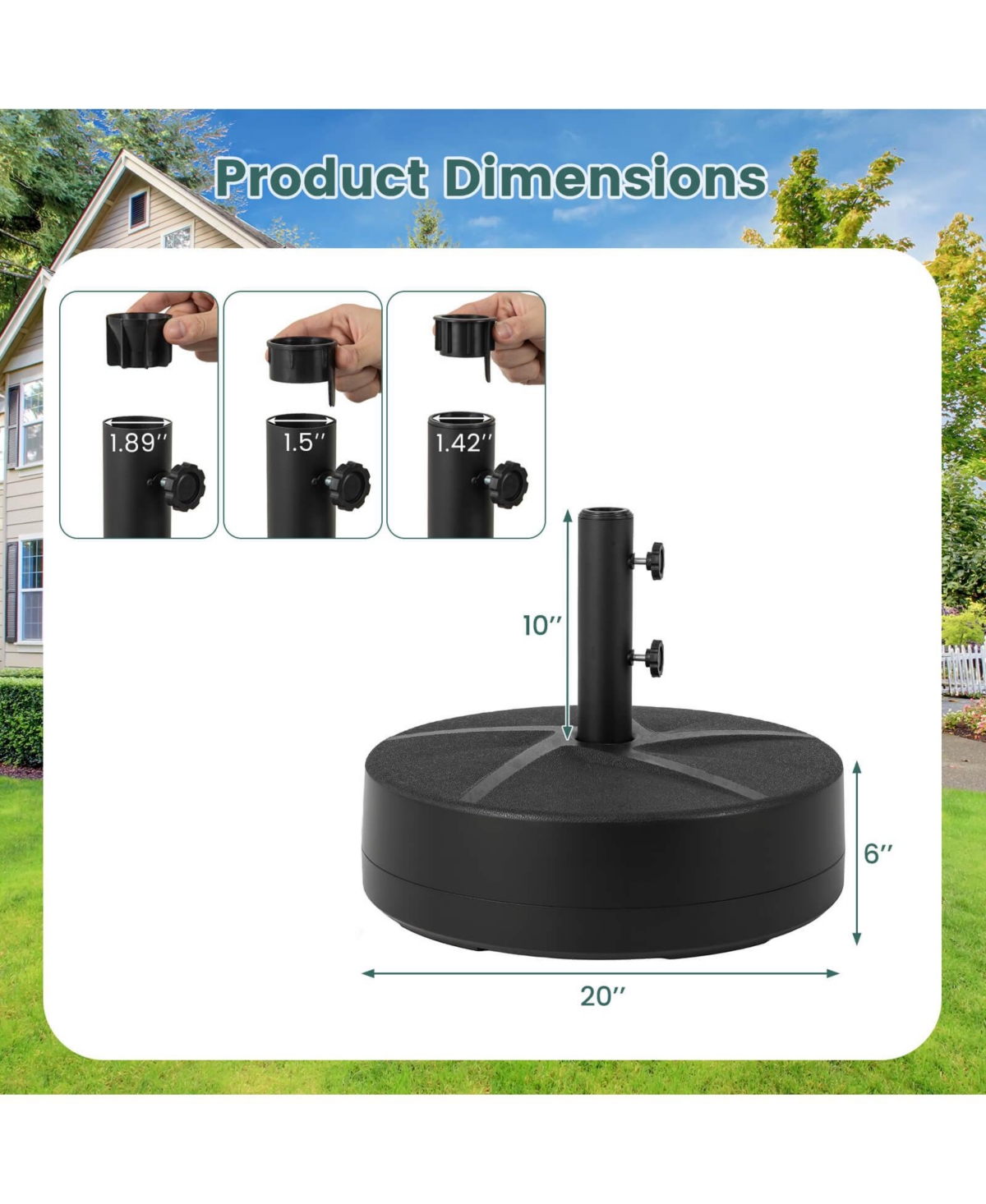 Costway Patio Round Umbrella Base with 2 Adjustable Knobs and 3 Adapters Outdoor for Poolside