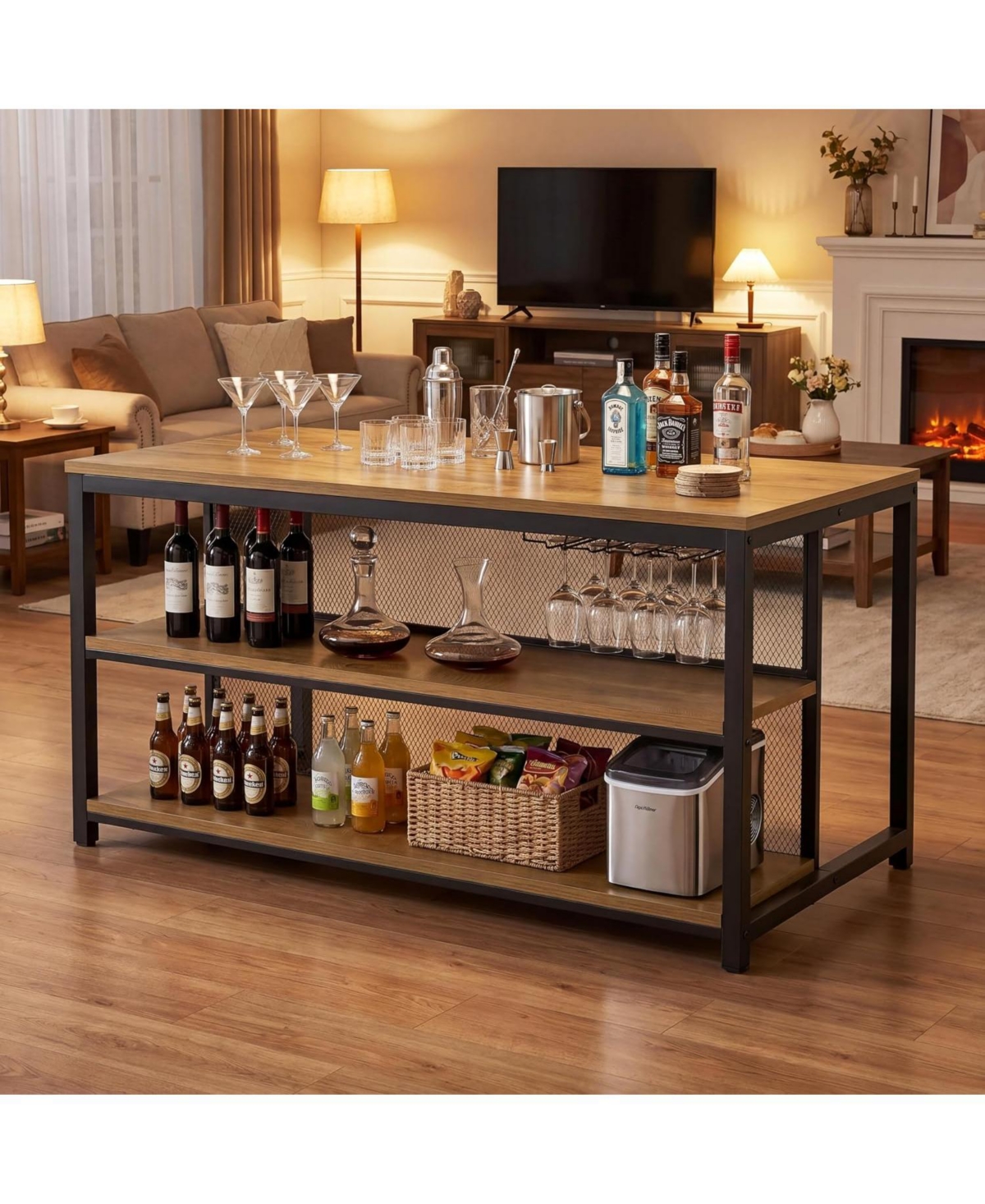 Tribesigns 63" Kitchen Table: Home kitchen table with storage and seating. Farmhouse counter height wine cabinet for kitchen, dining room, living room