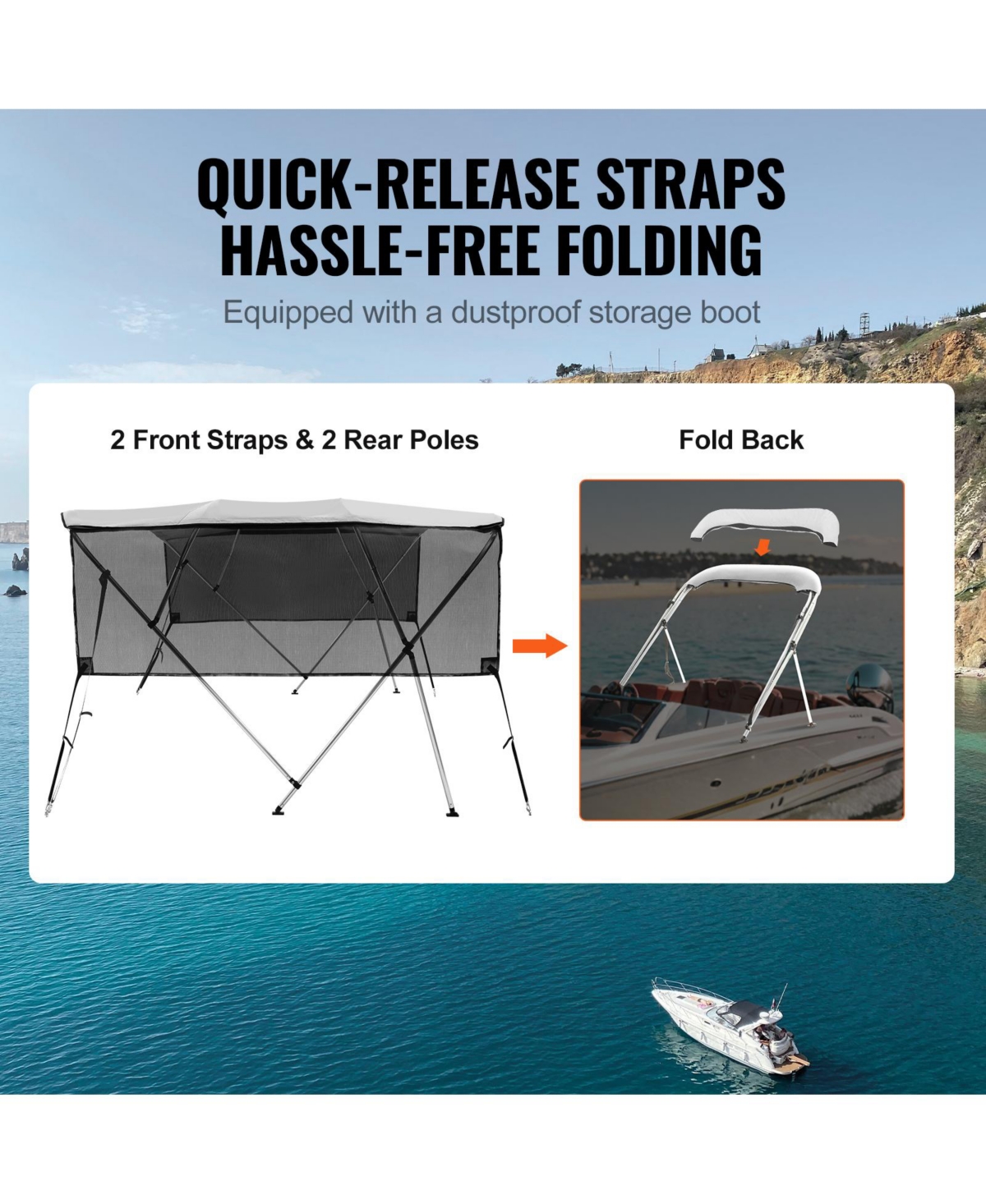 Sugift 4 Bow Bimini Top Boat Cover with Mesh Sidewalls 600D Polyester