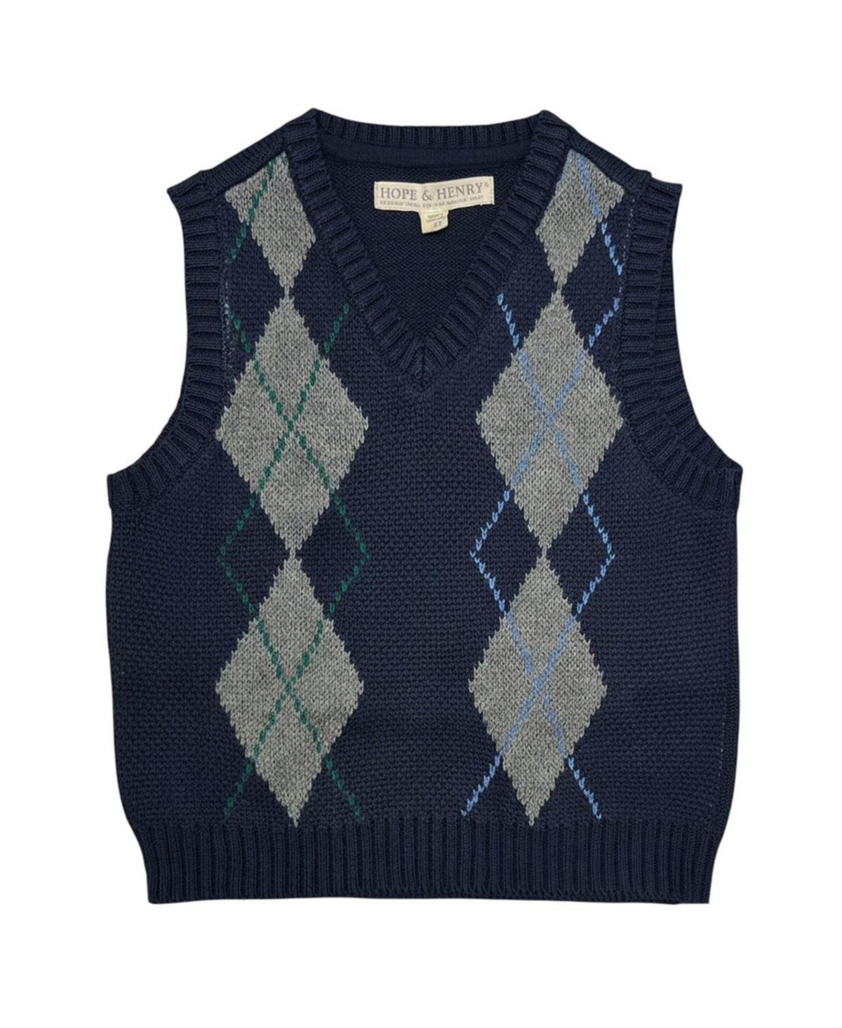 Hope & Henry Little Boys 5-7 Organic V-Neck Argyle Sweater Vest - Navy and gray argyle