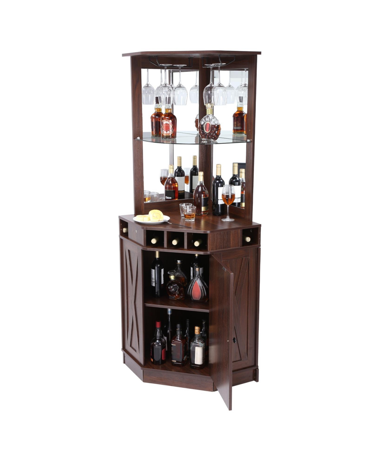 Sugift Corner Industrial Bar Cabinet Wine Table Sideboard Buffet Cabinet with Glass Holder for Home Bar