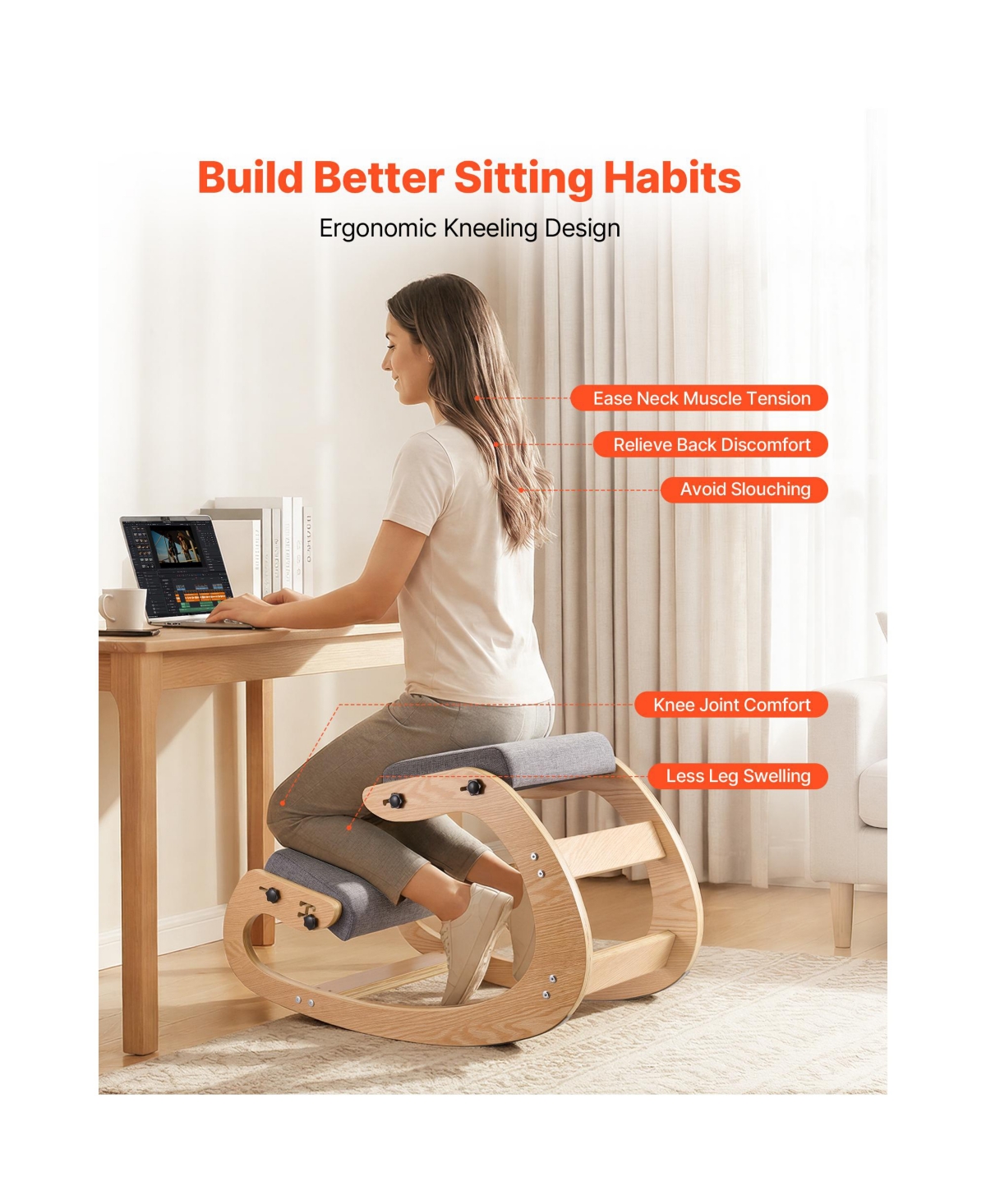 Sugift Ergonomic Kneeling Chair with Adjustable Thick Foam Cushions Solid Wood Frame for Home Office