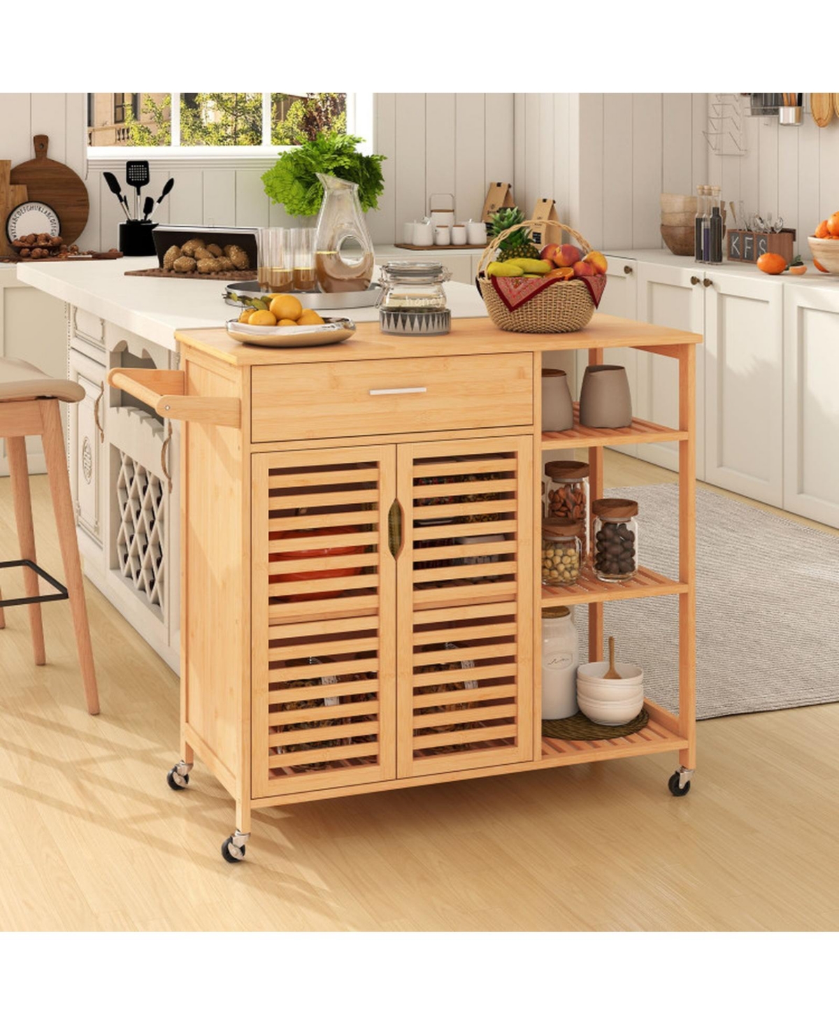 Sugift Kitchen Island Cart on Wheels with Bamboo Frame Drawer Cabinet and 3 Shelves