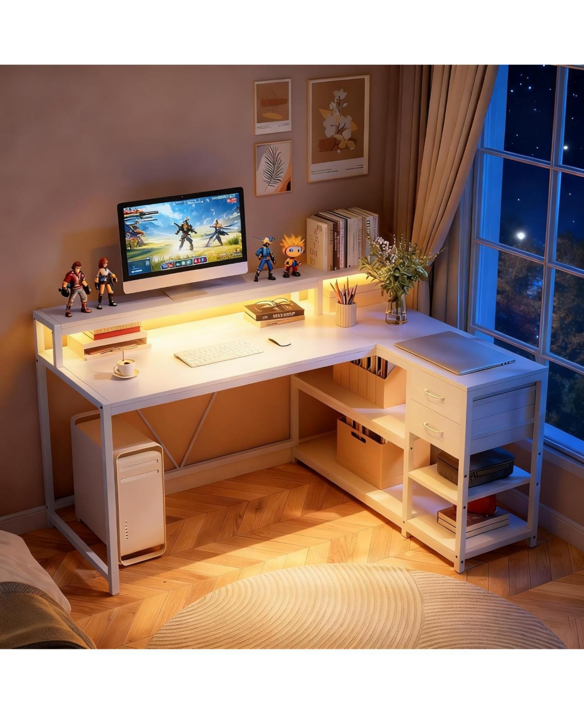 Tribesigns 55" L-Shaped Desk with Drawers and Shelves