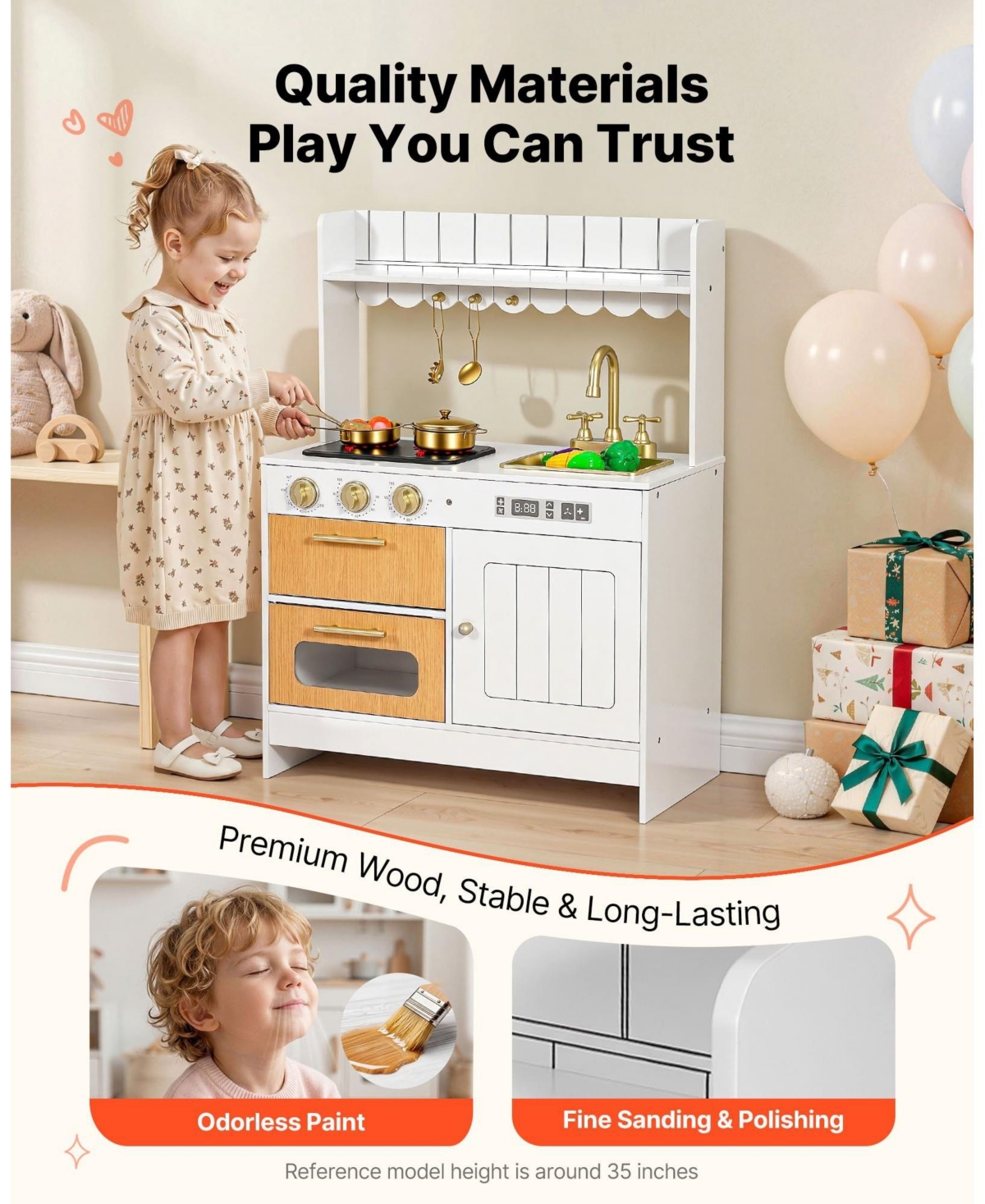 Sugift Wooden Play Kitchen Set with Lights and Sounds, Ages 3-8