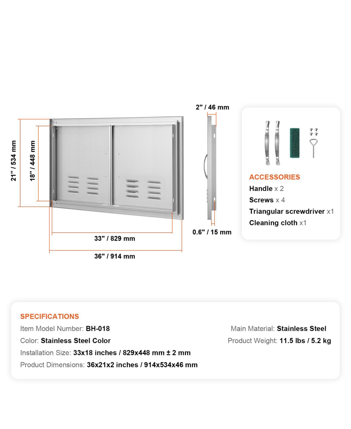 Sugift 36W x 21H in Double Outdoor Kitchen Access Door Stainless Steel Flush Mount with Handles Vents