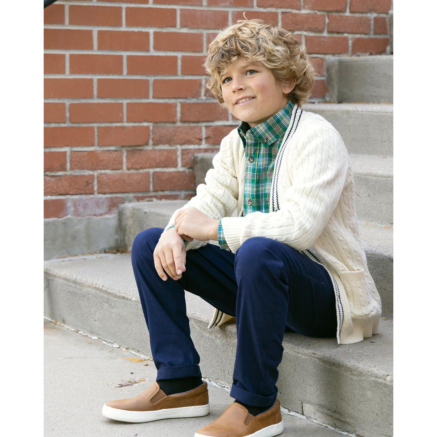 Little and Big Boys' 5- 7 Organic Cable Cardigan Sweater with Tipping