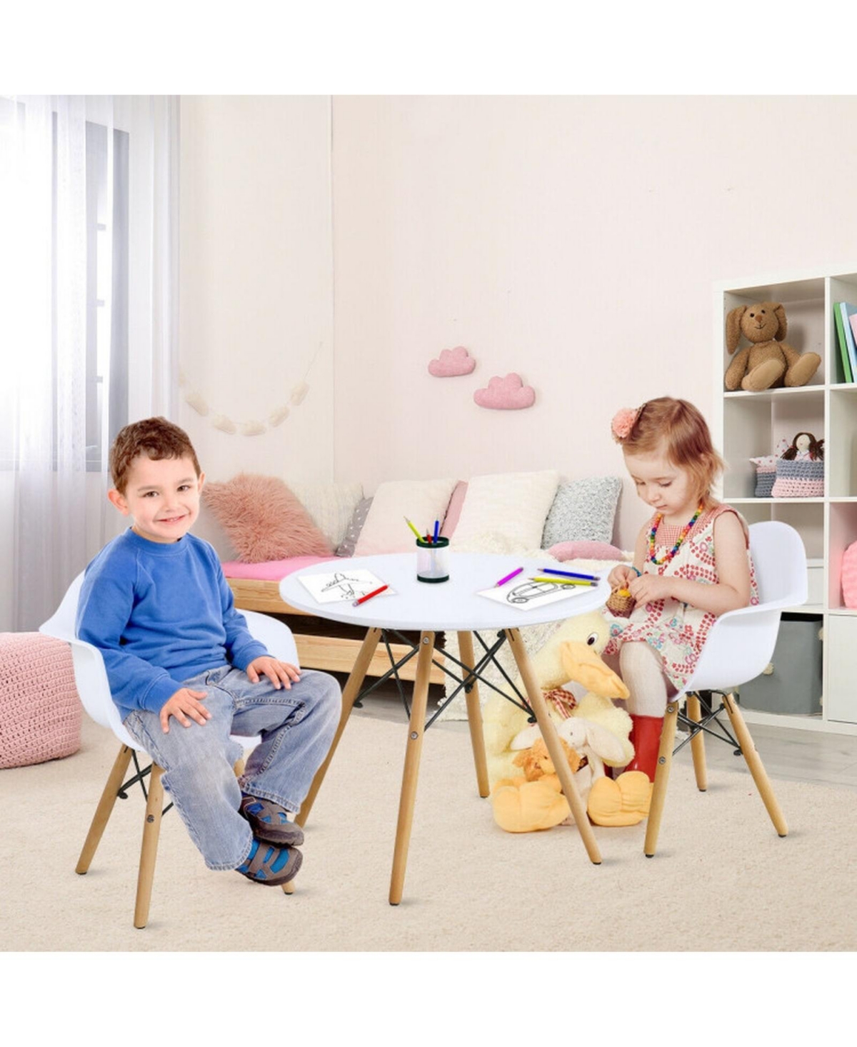 Gouun Mid Century 3 Piece Round Kids Table and Chair Set with Armrests