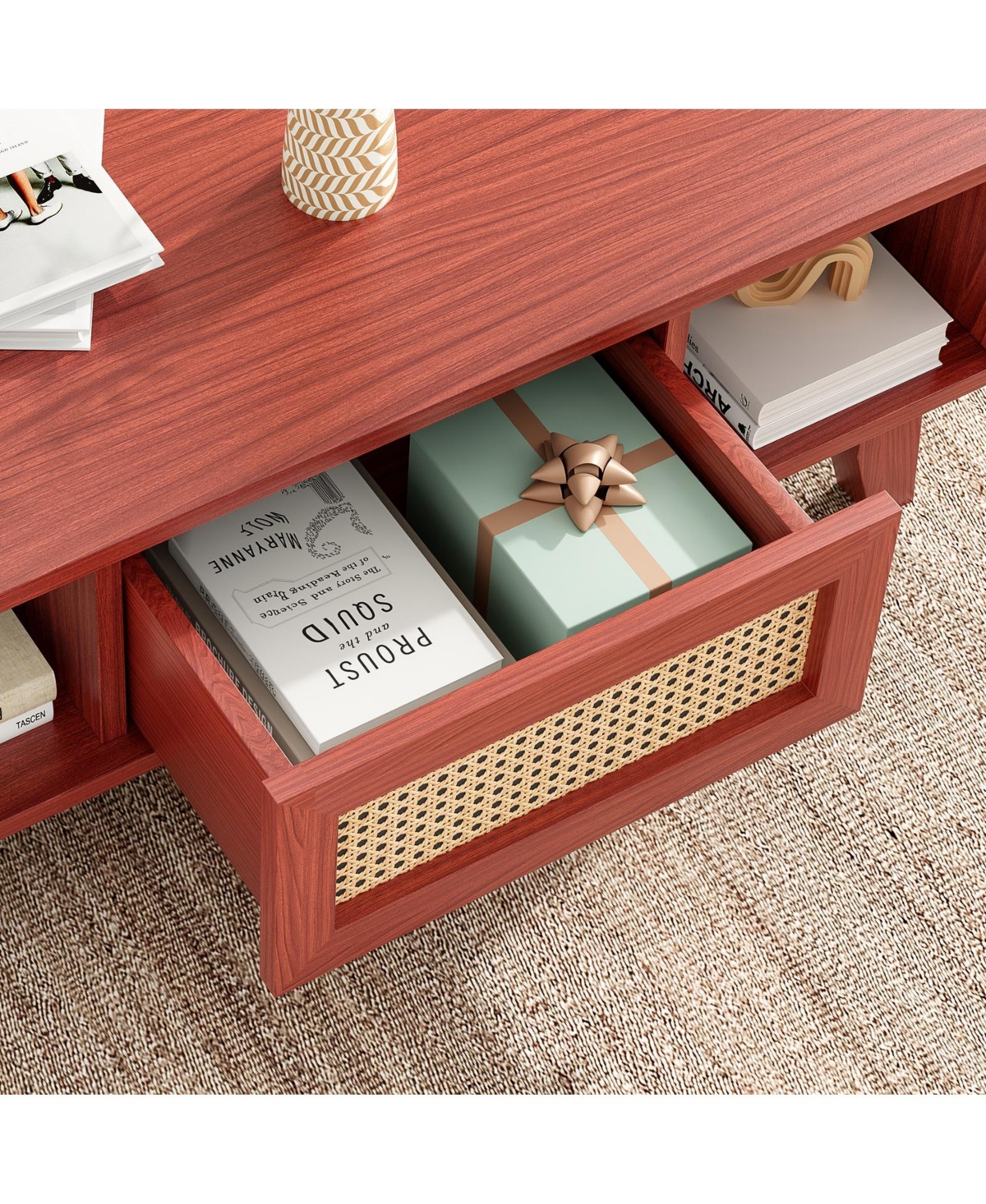 Flynama Mid Century Coffee Table Rattan Drawer Solid Wood Leg Storage Table
