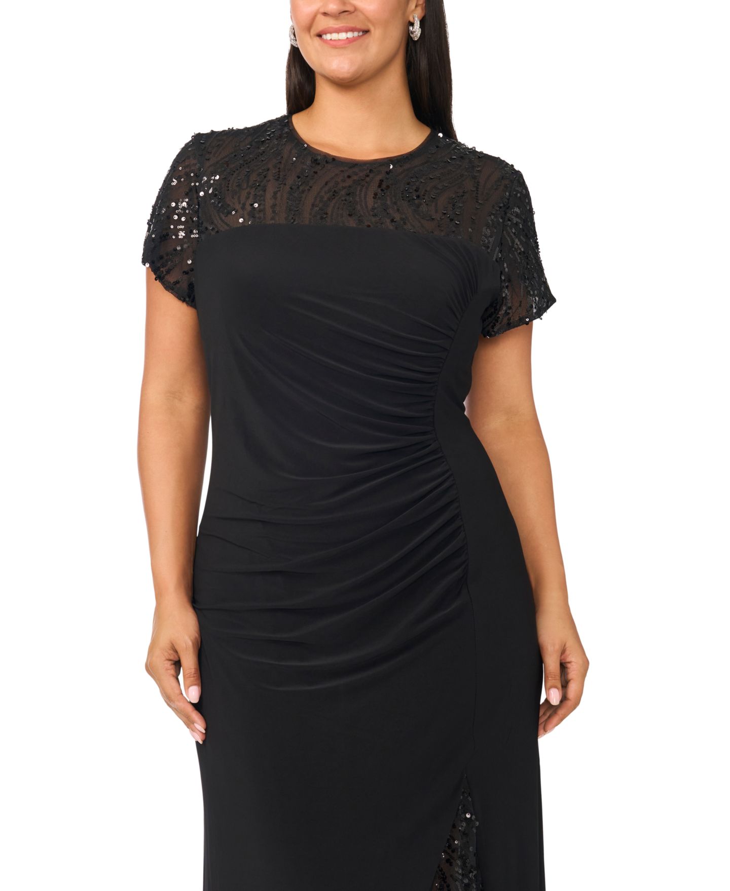 Женские платья MSK Plus Size Beaded Mesh Side Ruched Short-Sleeve Gown, цвет: Насыщенный чёрный — фото 3